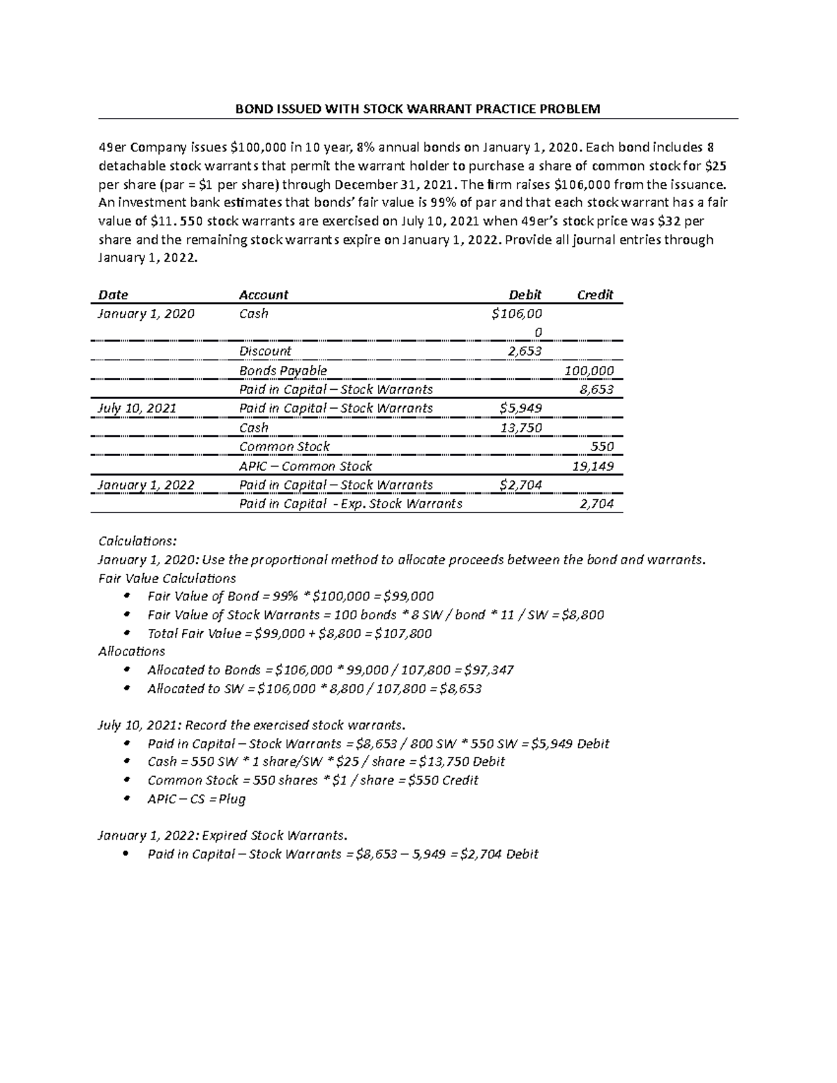 CH16 Bond Issued with Stock Warrant Practice Problem BOND ISSUED