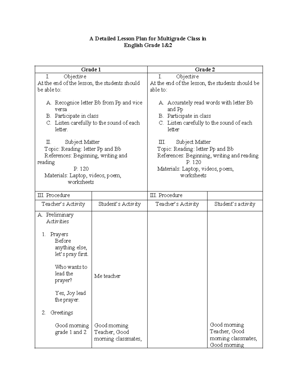 A Detailed Lesson Plan for Multigrade Class in 1&2 - A Detailed Lesson ...