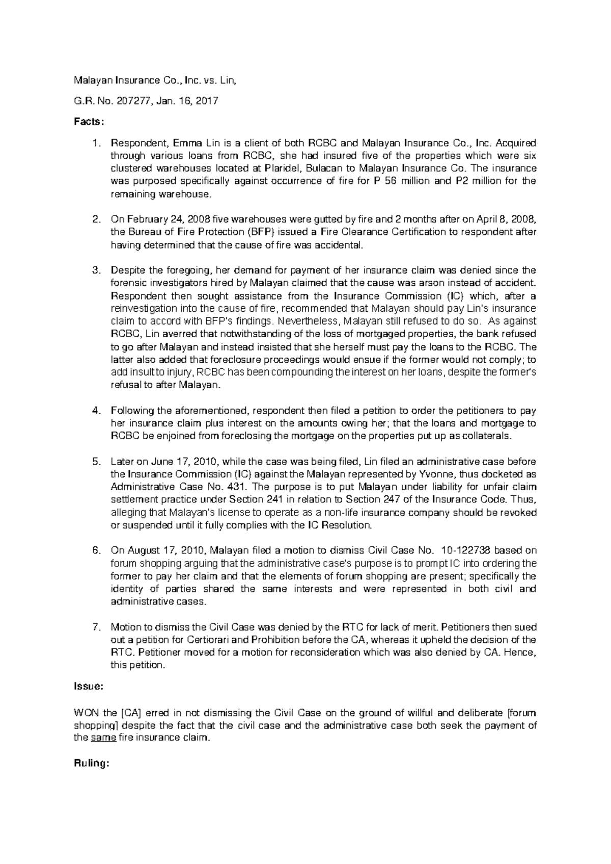 Malayan Insurance Co., Inc. vs. Lin, G.R. No. 207277, Jan. 16, 2017 ...