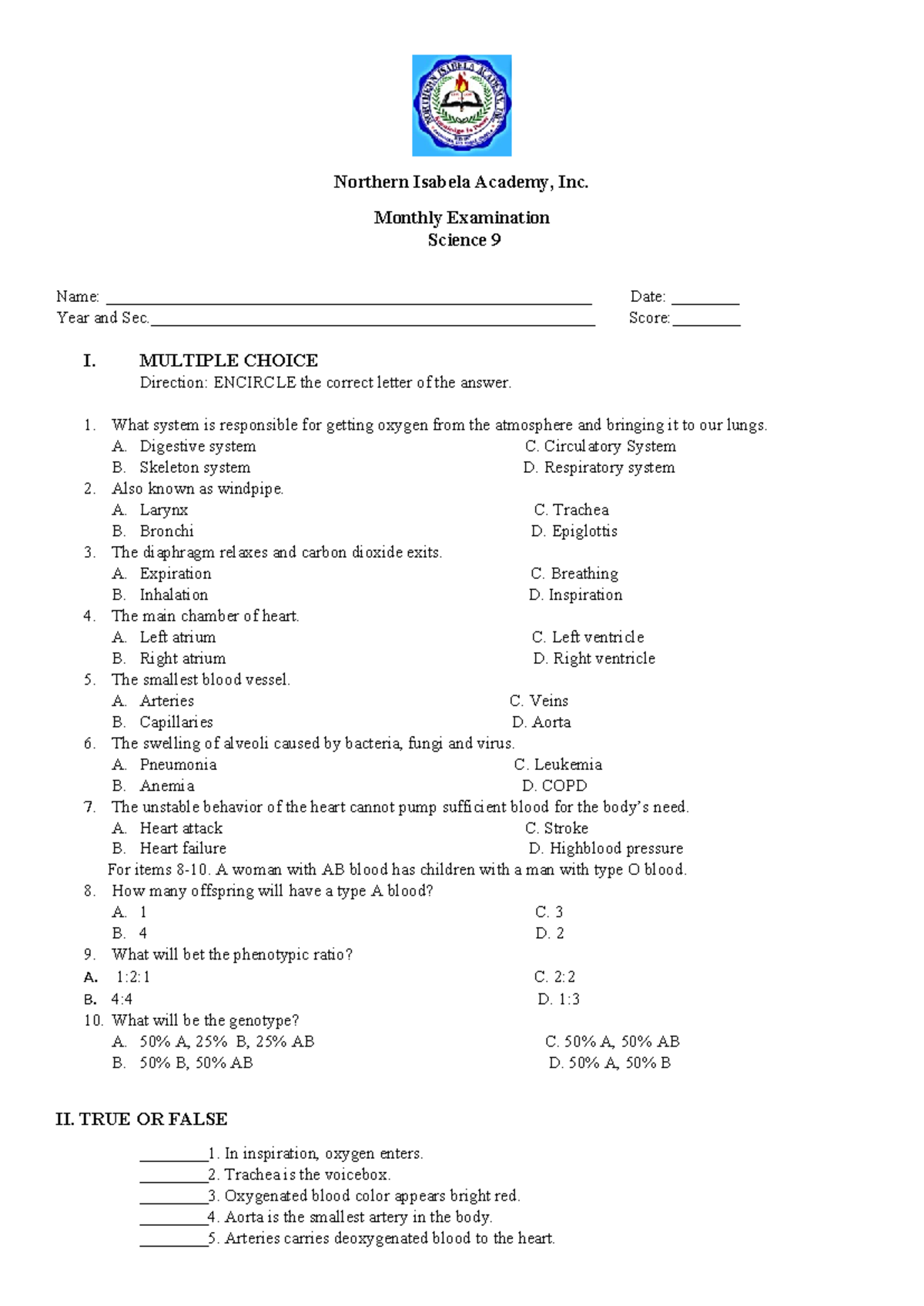 Sci 9 - exam - Northern Isabela Academy, Inc. Monthly Examination ...