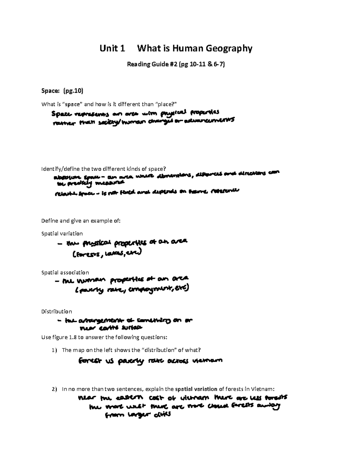 Geography Reading Guide Unit 1 What is Human Geography Reading Guide