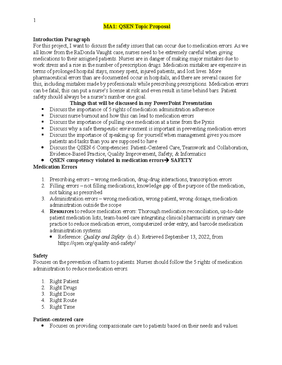 Iatarola MA1 QSEN - study guide review notes - 1 MA1: QSEN Topic ...
