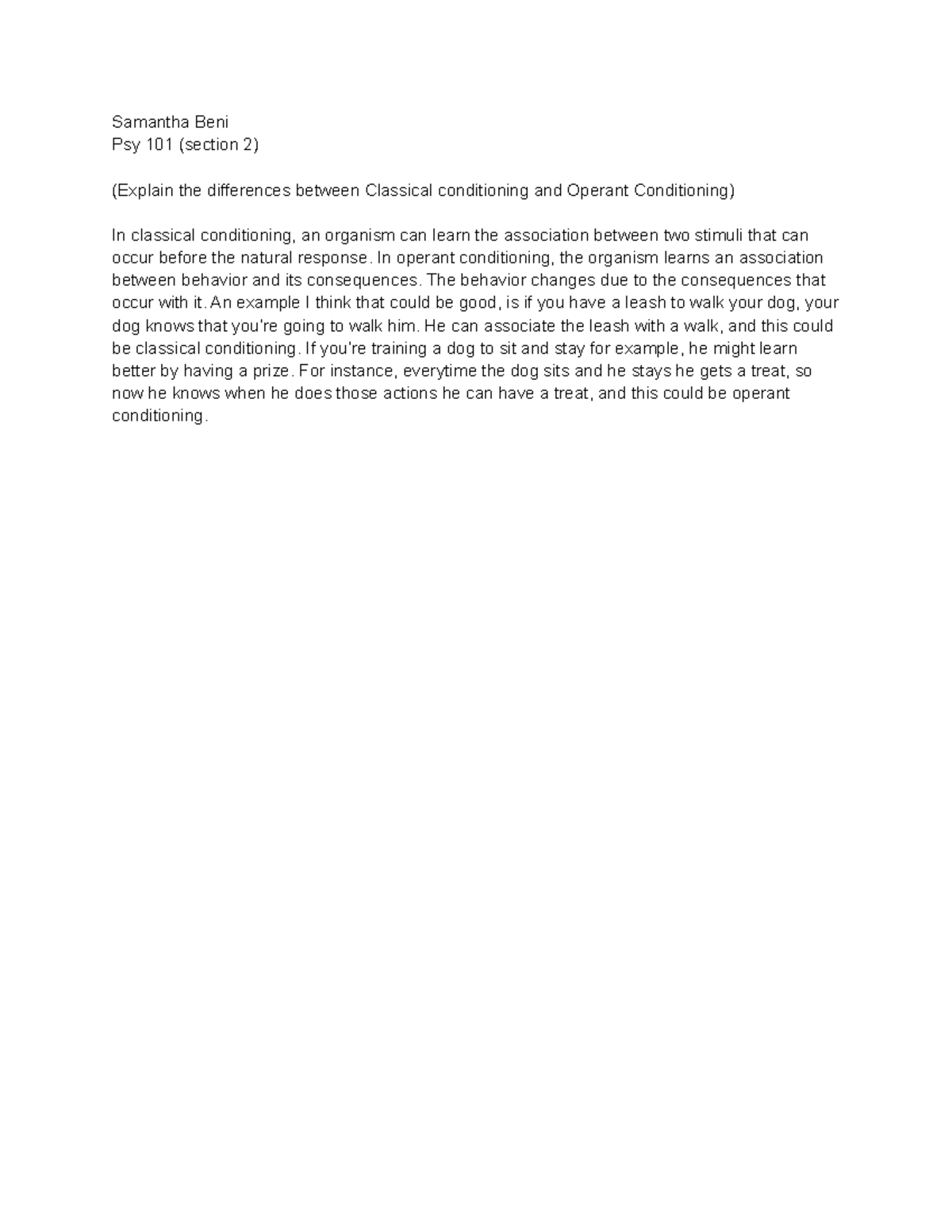 PSY 101 - Classical and Operant Conditioning - Samantha Beni Psy 101 ...