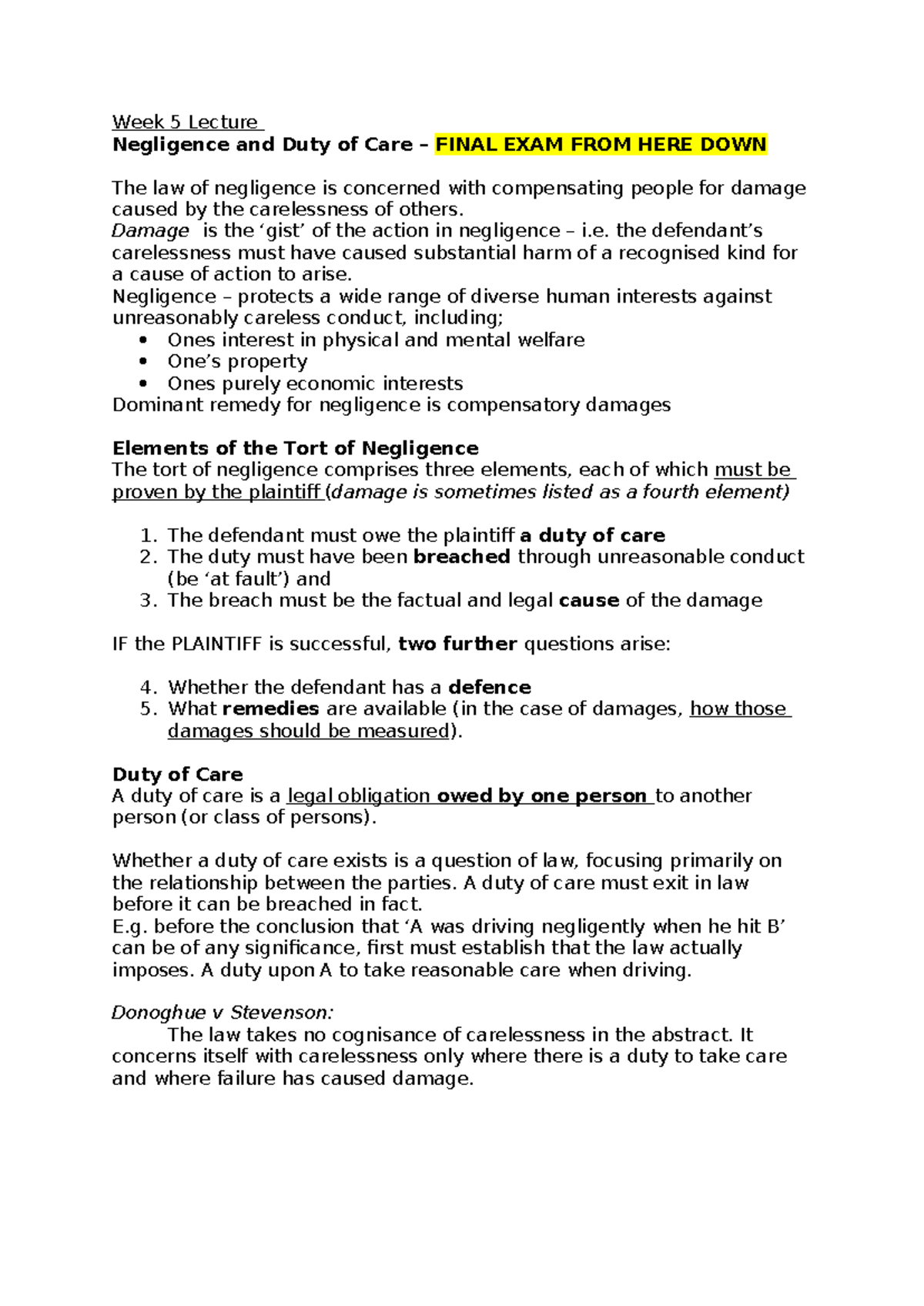 Tort Exam Notes - summary - Week 5 Lecture Negligence and Duty of Care ...