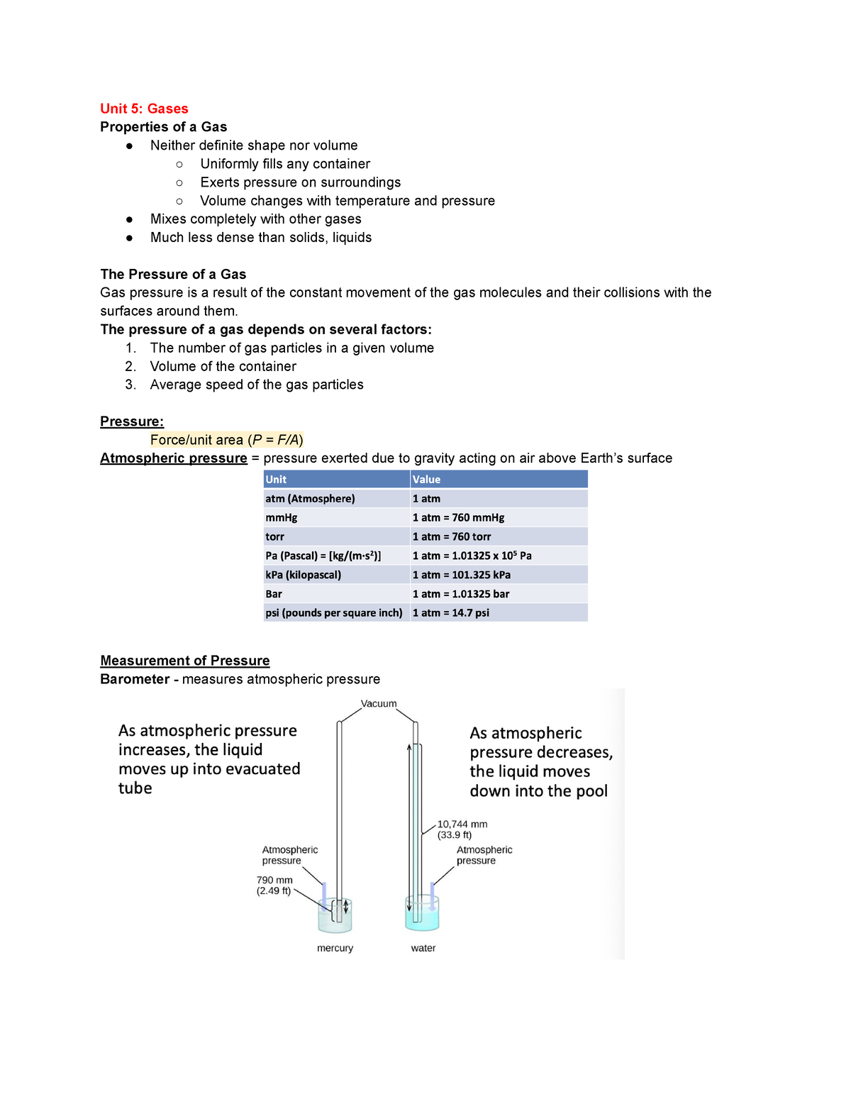 Unit 5 Gases - Lecture Notes and Practice Materials - Unit 5: Gases ...