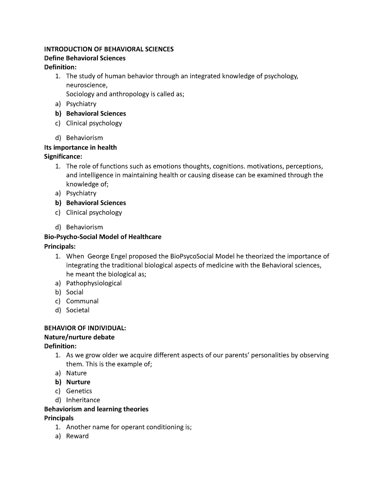 Bank 1 - INTRODUCTION OF BEHAVIORAL SCIENCES Define Behavioral Sciences ...