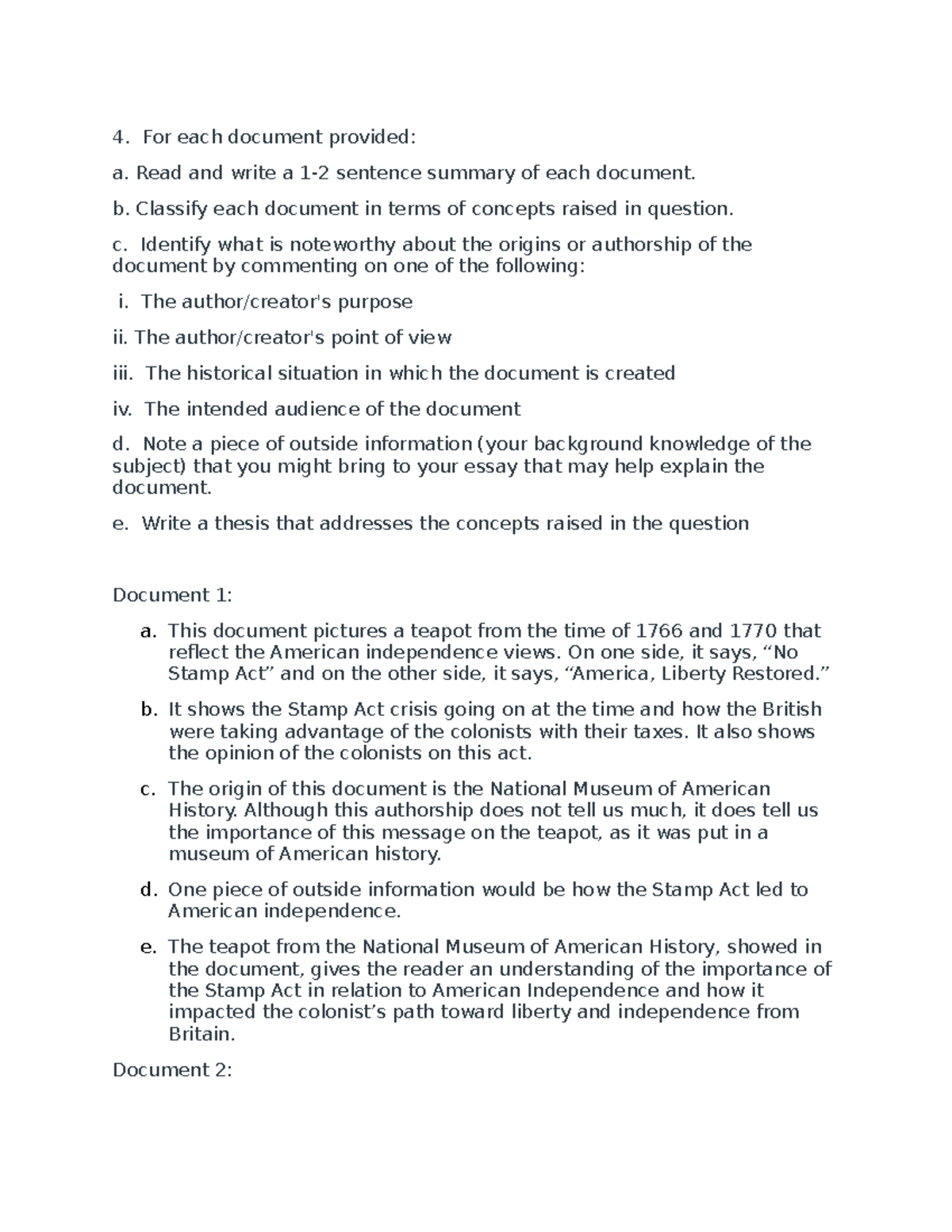 In Class Writing DBQ Assignment - For each document provided: a. Read ...