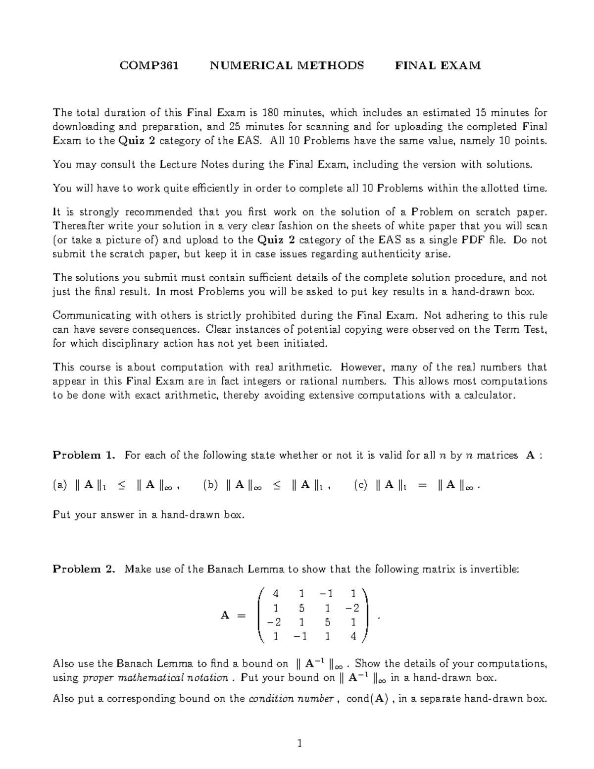 Final Exam 2020 October COMP361 NUMERICAL METHODS FINAL EXAM The