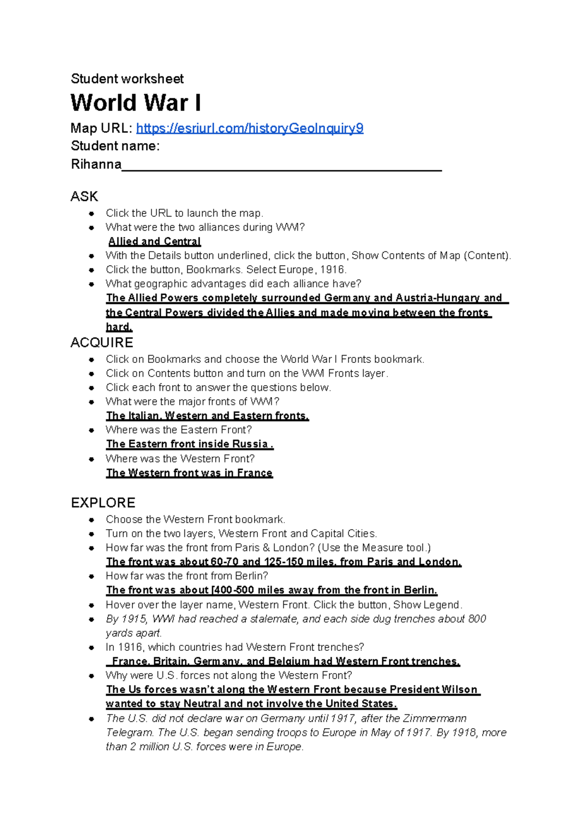 9 World War I (completed) - Student worksheet World War I Map URL ...