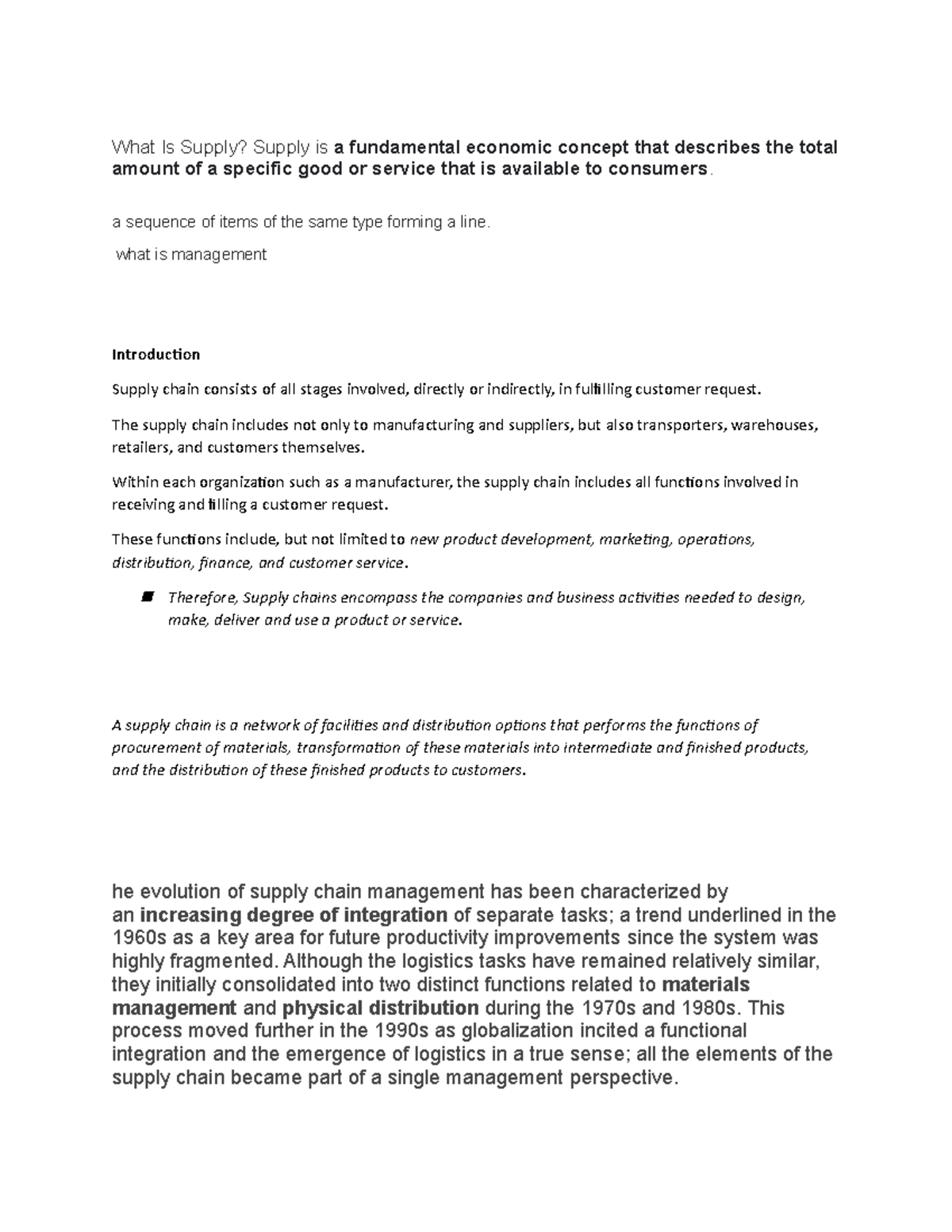 Management Notes What Is Supply Supply Is A Fundamental Economic 