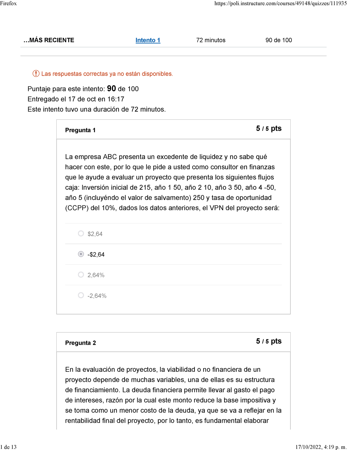 Examen Final - Gerencia Financiera - ..ÁS RECIENTE Intento 1 72 Minutos ...