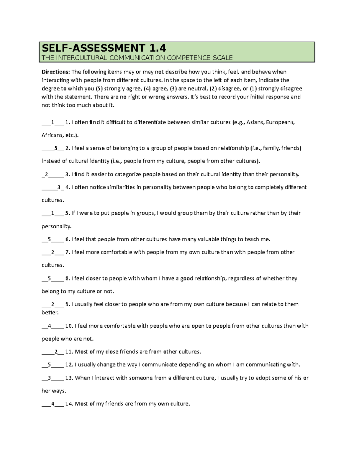 Participation - SELF-ASSESSMENT 1. THE INTERCULTURAL COMMUNICATION ...