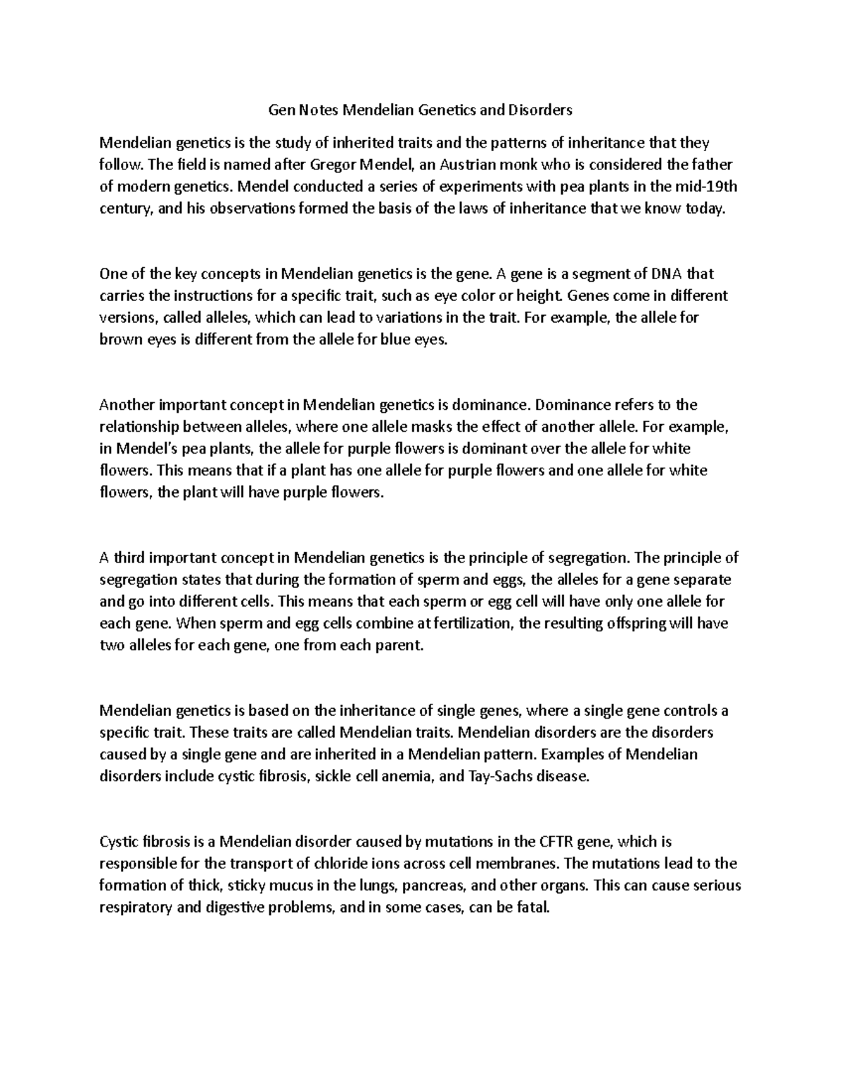 Gen Notes Mendelian and Disorders Gen Notes Mendelian