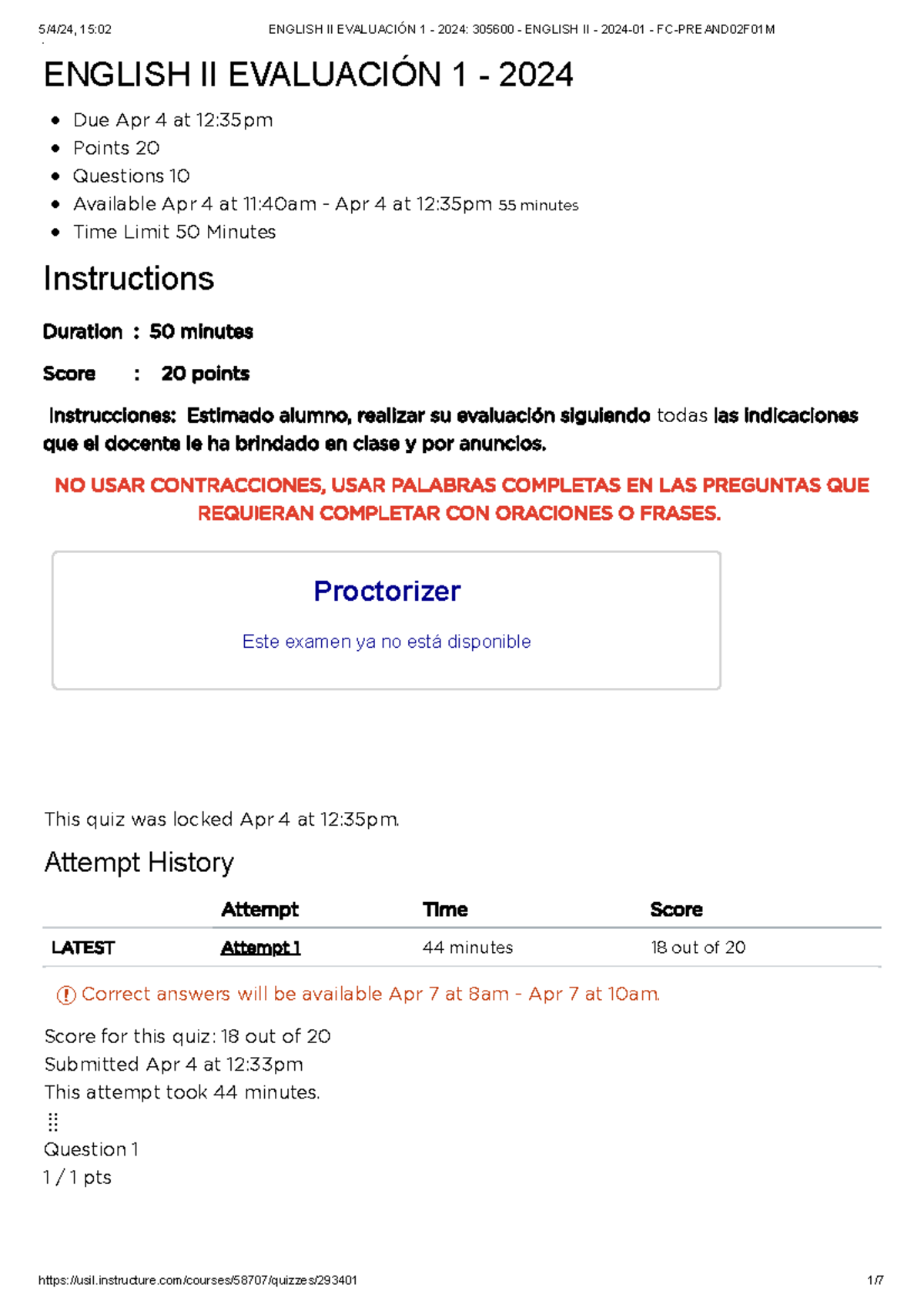 Ingles Examen - ENGLISH II EVALUACIÓN 1 - 2024 Due Apr 4 at 12:35pm ...