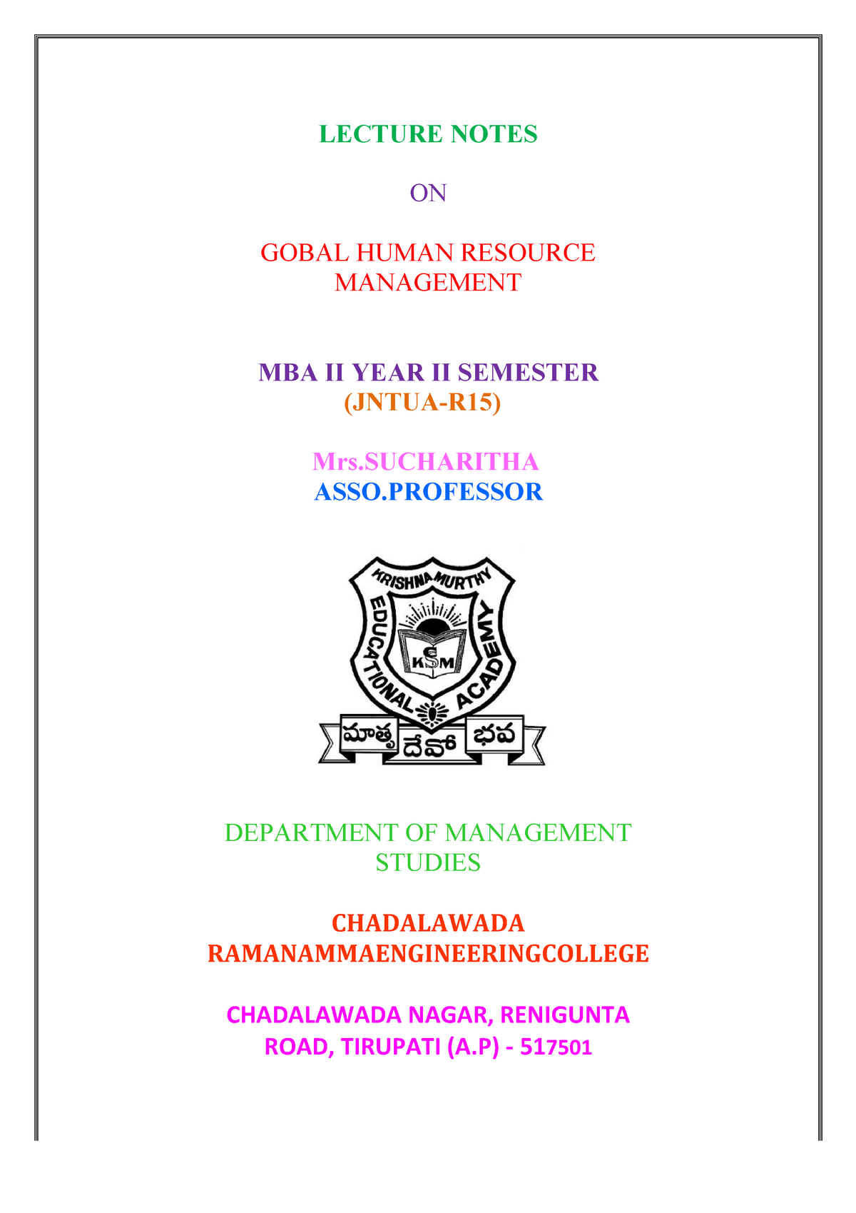 G HR M-notes - Lecture Notes Of Various Professors On HRM. - LECTURE ...