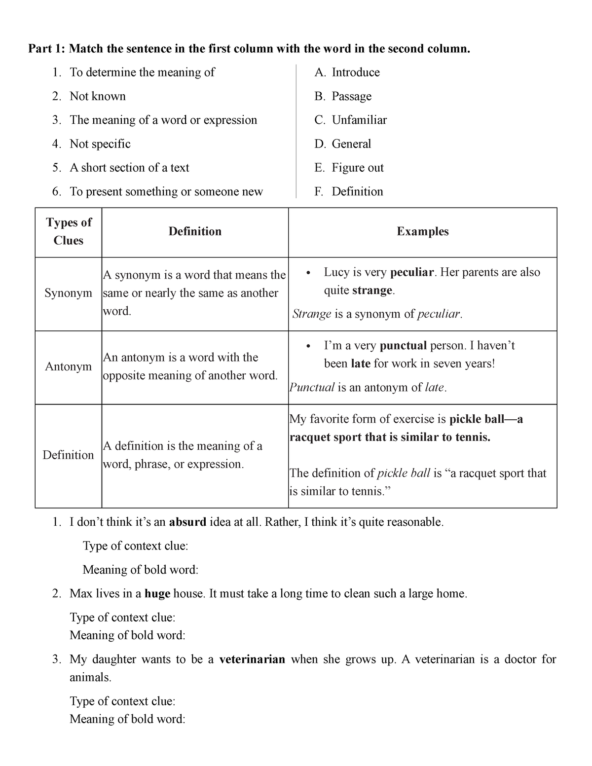 Language Accquistion - Part 1: Match the sentence in the first column ...