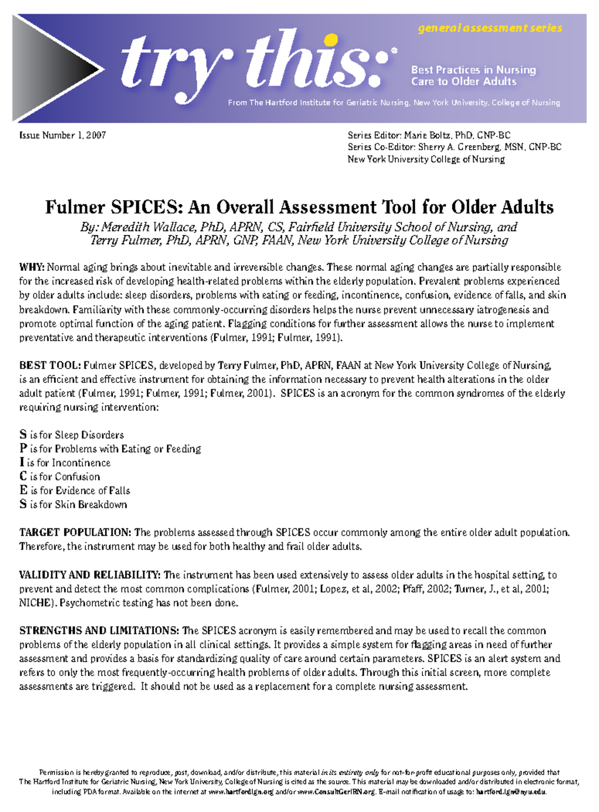 Spices Notes From The Hartford Institute for Geriatric Nursing, New