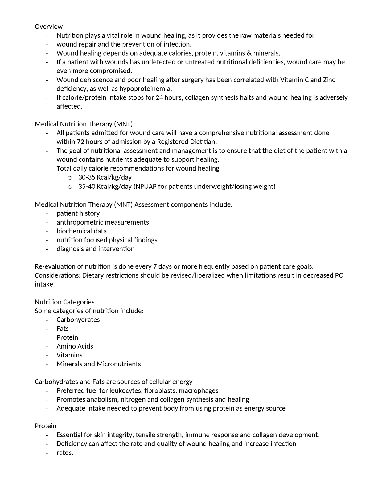 Nutrition - notes - Overview - Nutrition plays a vital role in wound ...