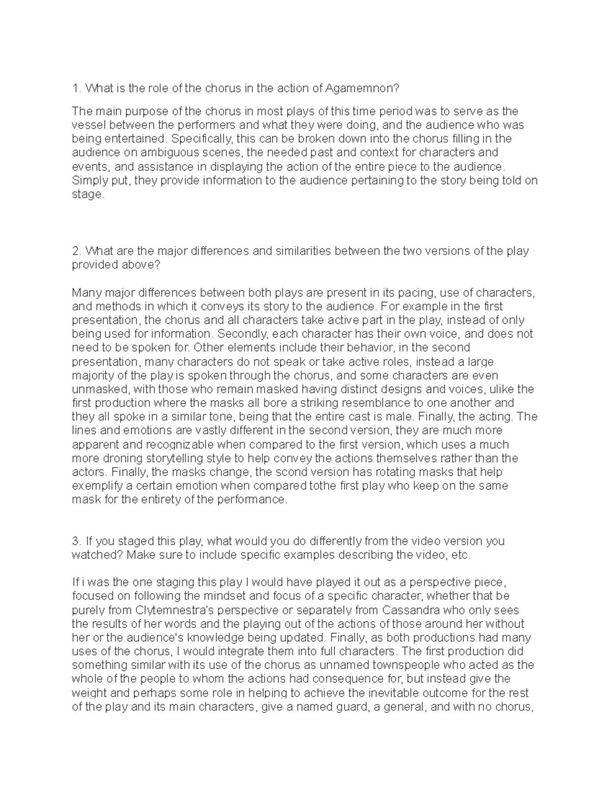 Assignment 1 Agamemnon What is the role of the chorus in the action