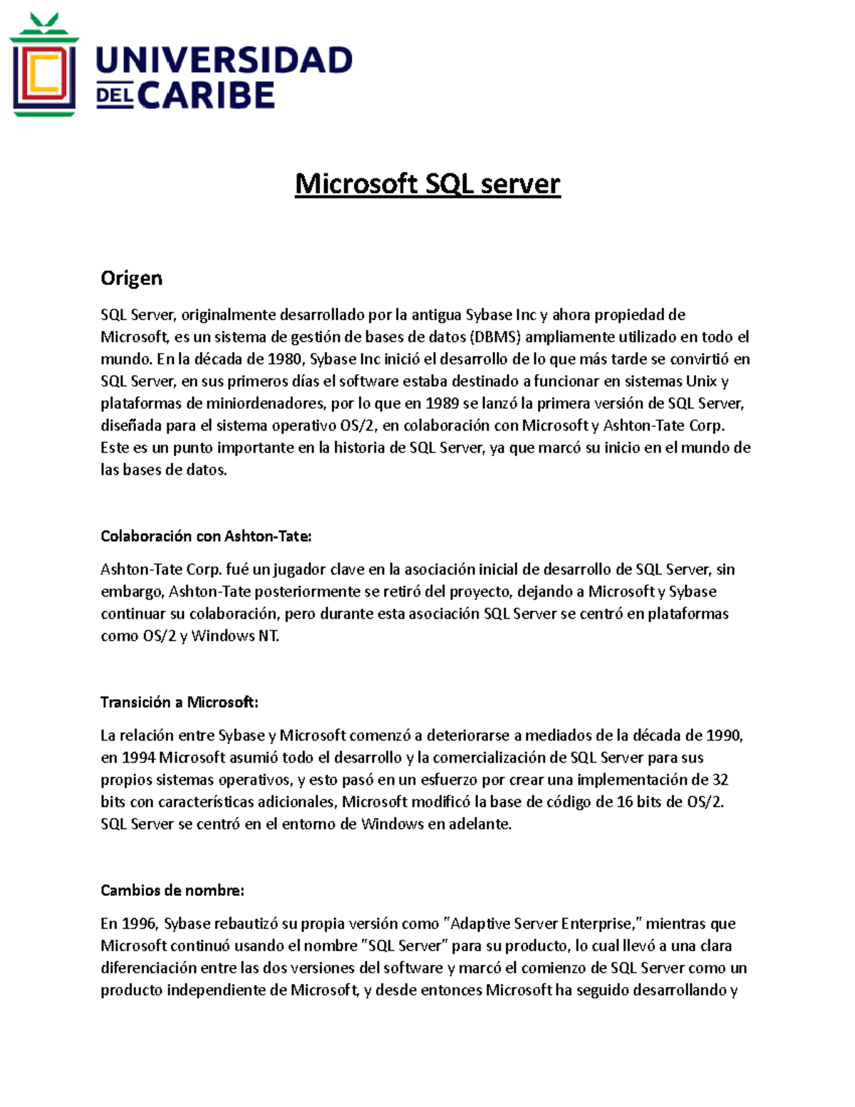 Trabajo final - SQL Server - Microsoft SQL server Origen SQL Server ...