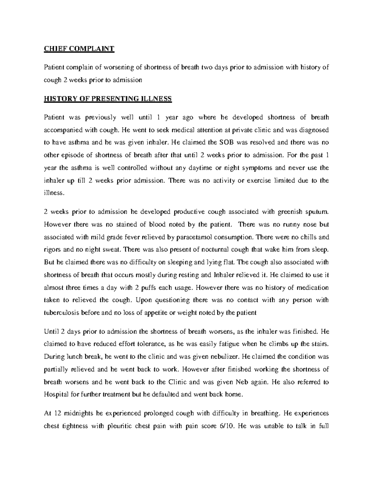 CASE Report AEBA Acute Exacerbation Bronchial Asthma CHIEF