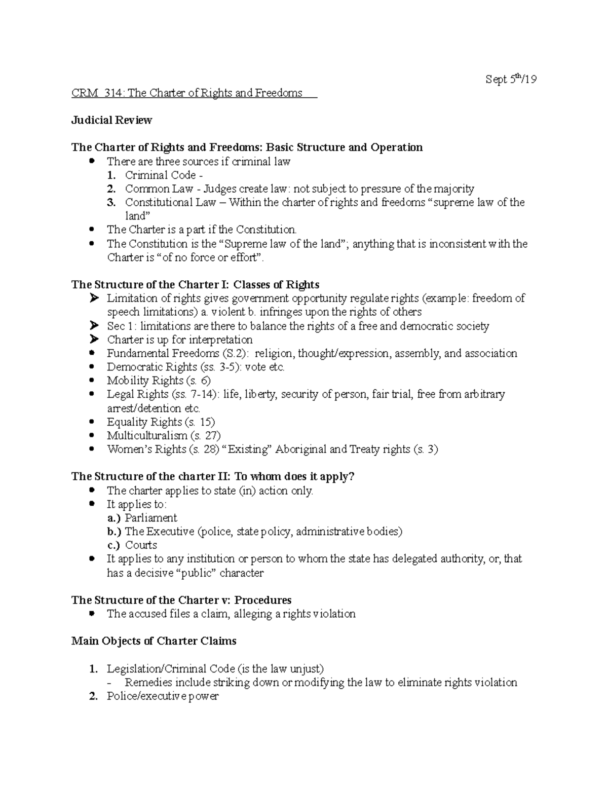 CRM 314 - Lecture Notes - Sept 5th/ CRM 314: The Charter of Rights and ...