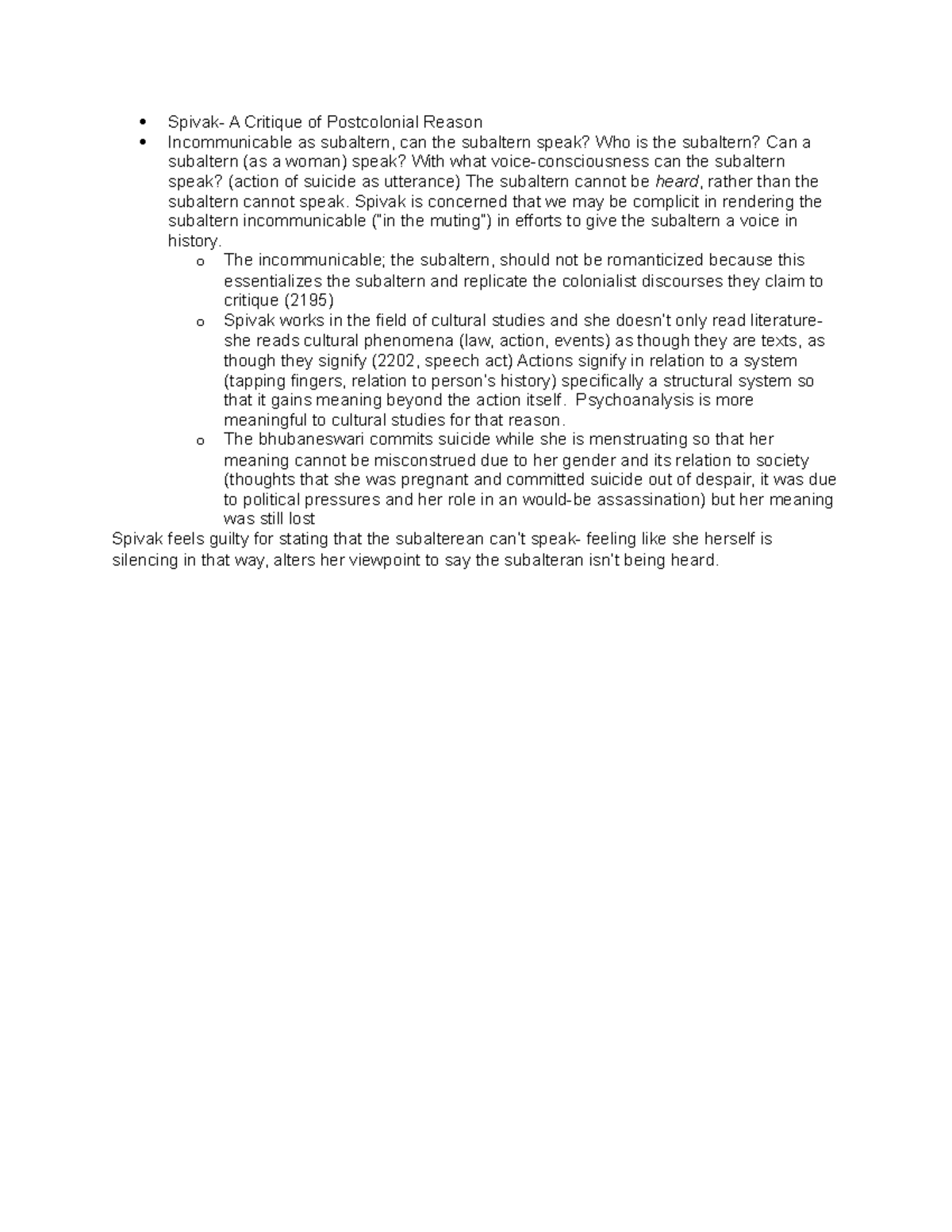 Spivak from A Critique of Postcolonial Reason notes Spivak A