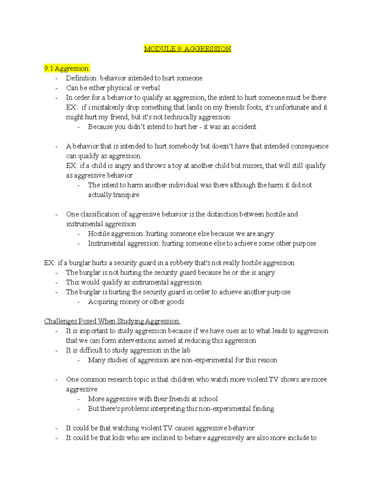 PSYC 241 Module 9 - MODULE 9: AGGRESSION 9 Aggression: - Definition ...