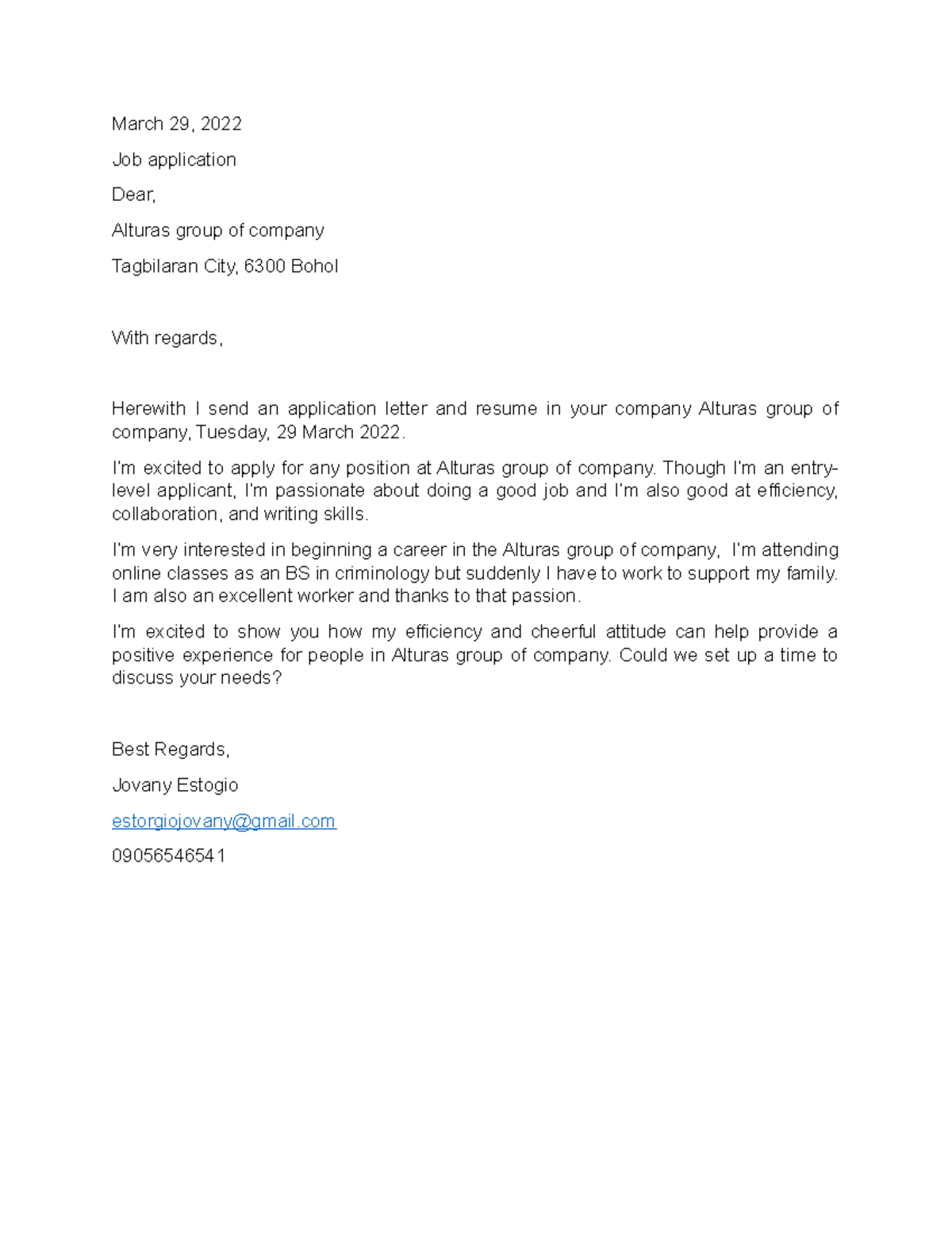 AL Jsjs March 29, 2022 Job application Dear, Alturas