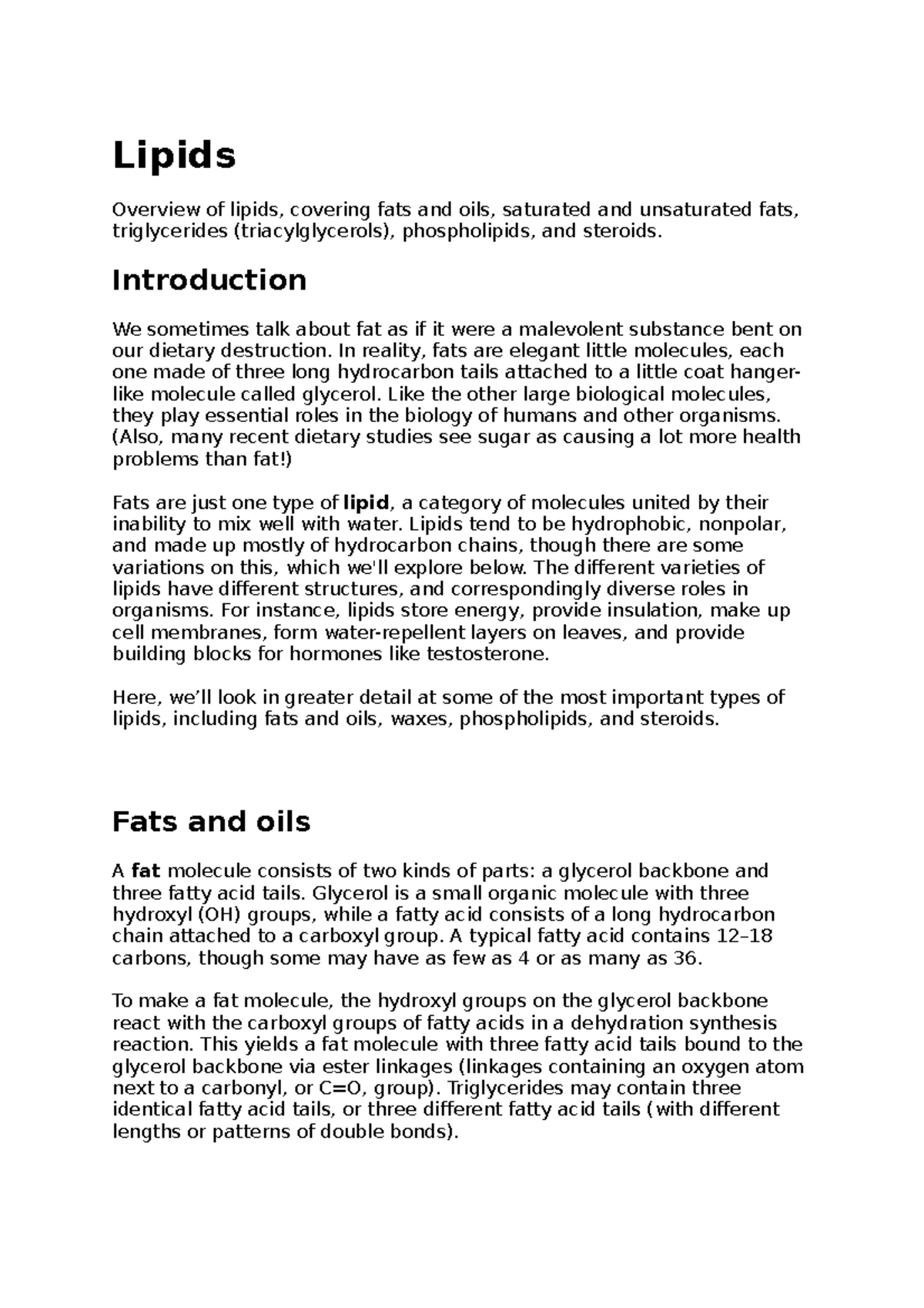 Lipids khan acad notes Lipids Overview of lipids, covering fats and