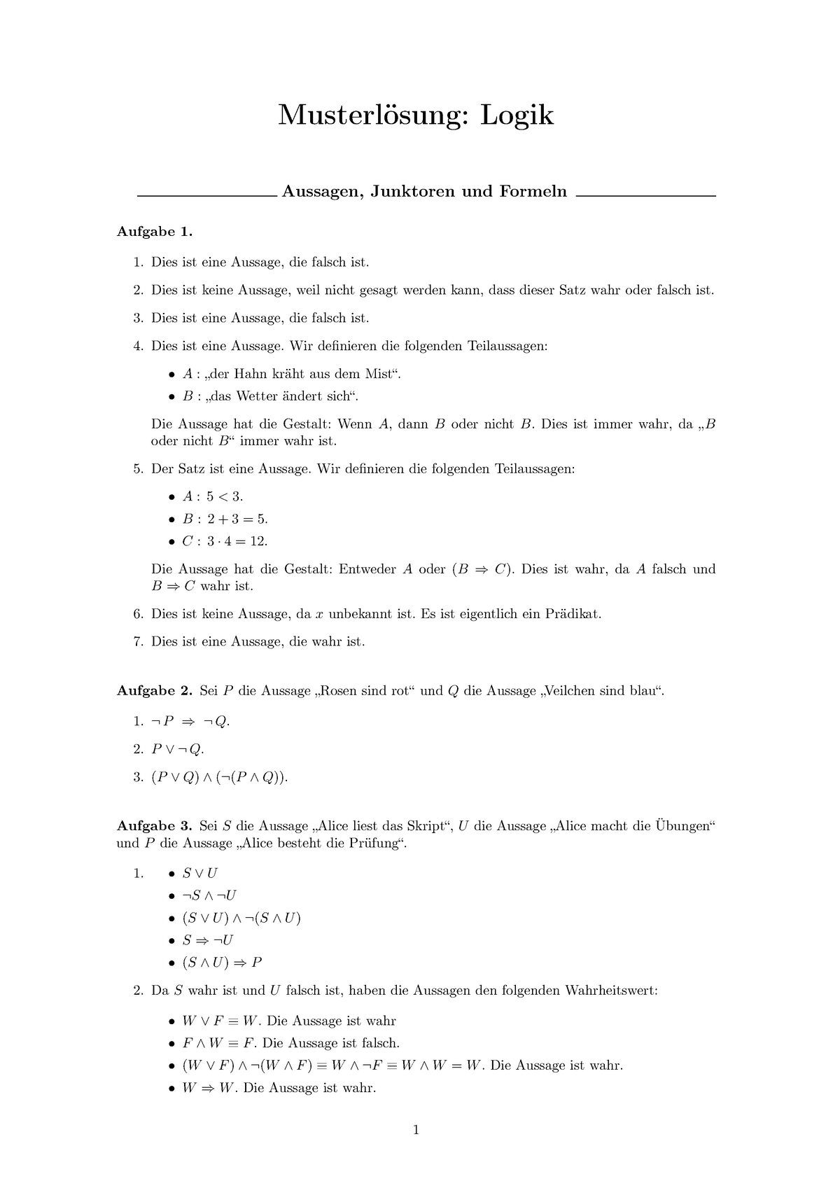 Musterlösung Logik - Musterlösung: Logik Aussagen, Junktoren Und ...