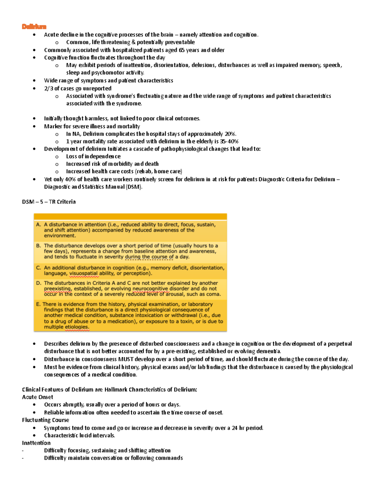 Delirium Part 1 Notes - Acute decline in the cogni processes of the ...