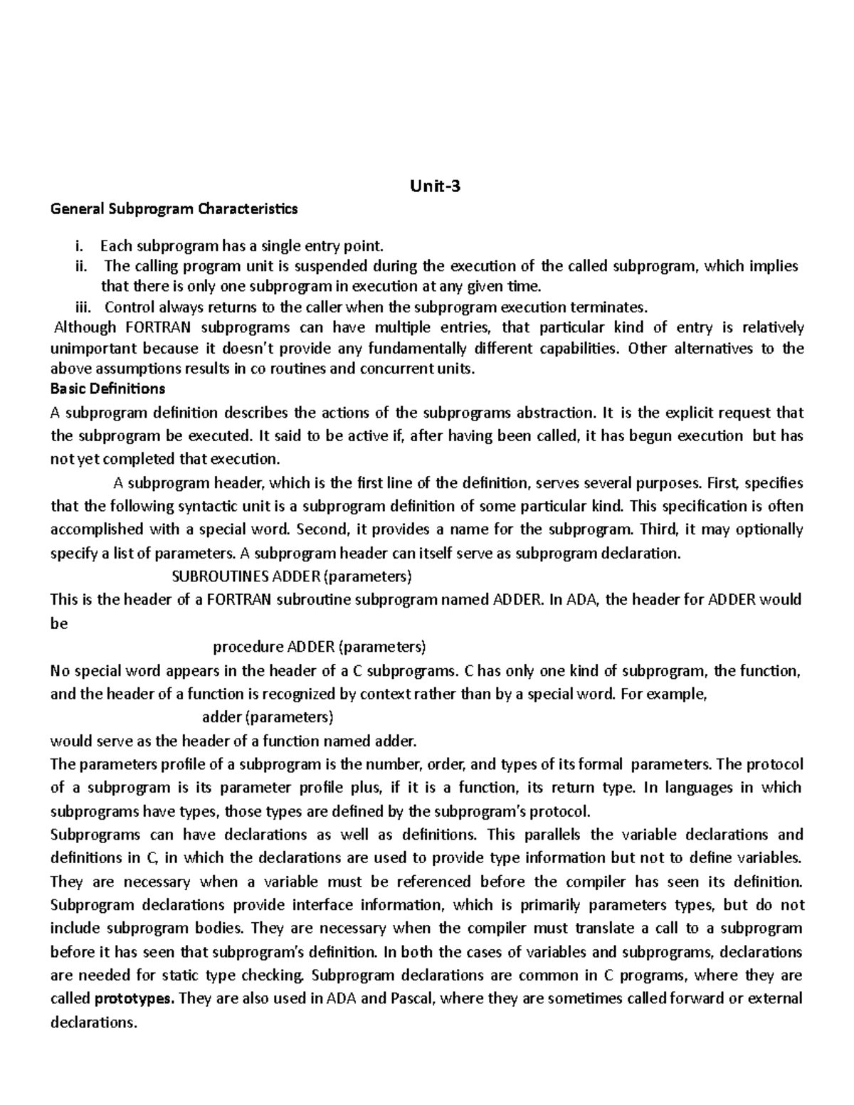 Unit 3 - Principles of Programming Languages - Unit- General Subprogram ...
