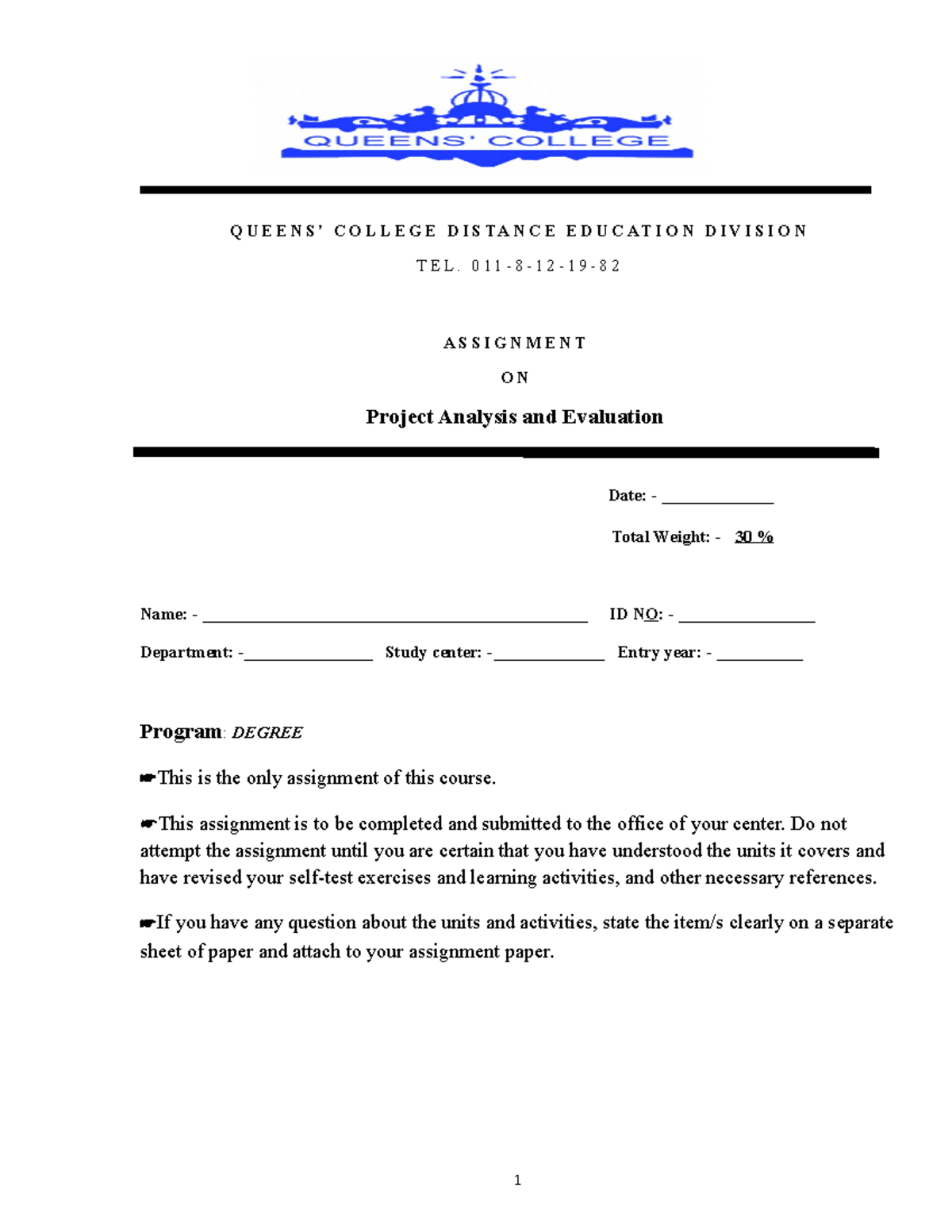 Assignm. project - degree - Q U E E N S ’ C O L L E G E D I S T A N C E ...