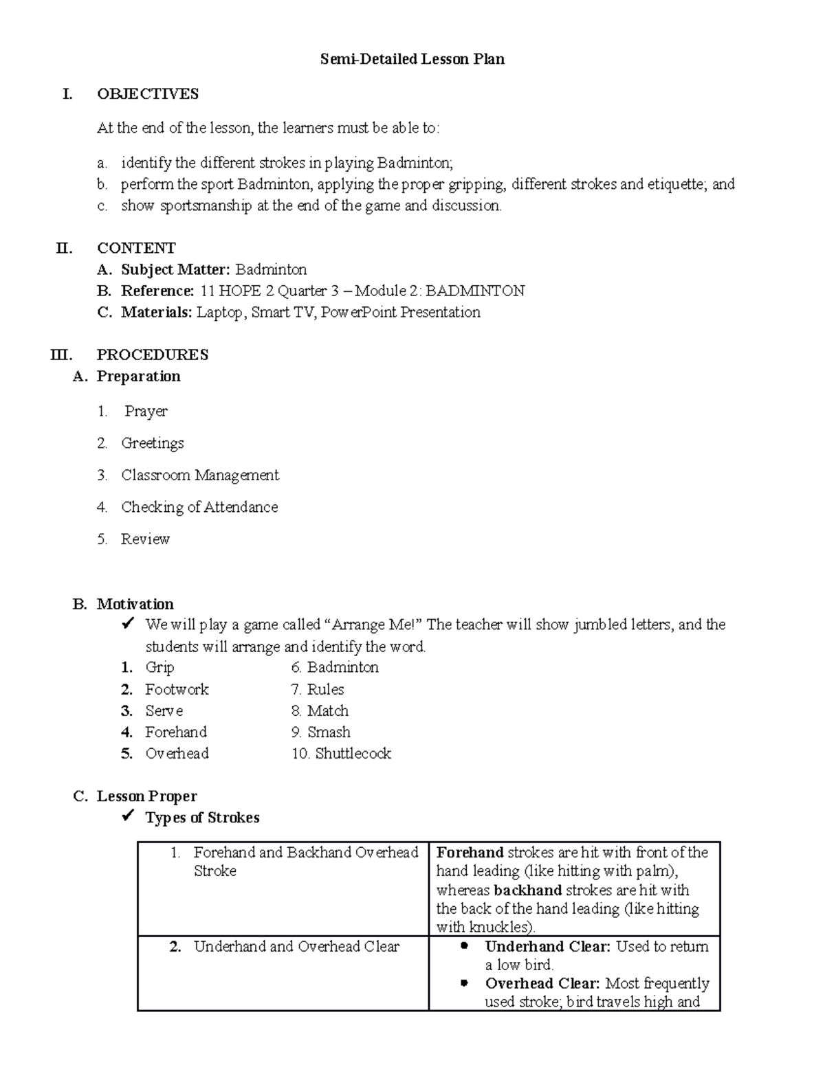 Sample Lesson Plan in Badminton SemiDetailed Lesson Plan I