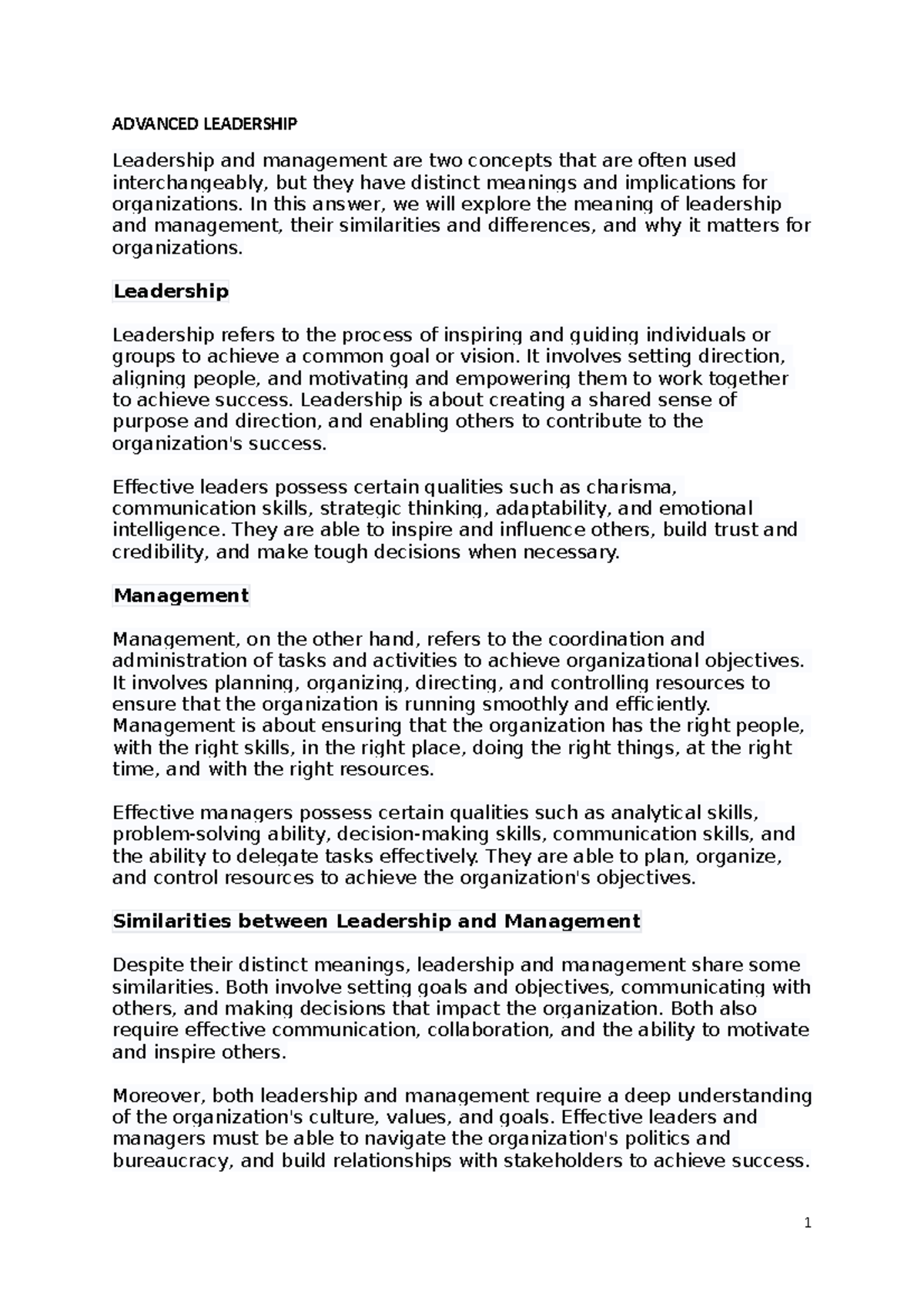 Advanced Leadership - ADVANCED LEADERSHIP Leadership and management are ...