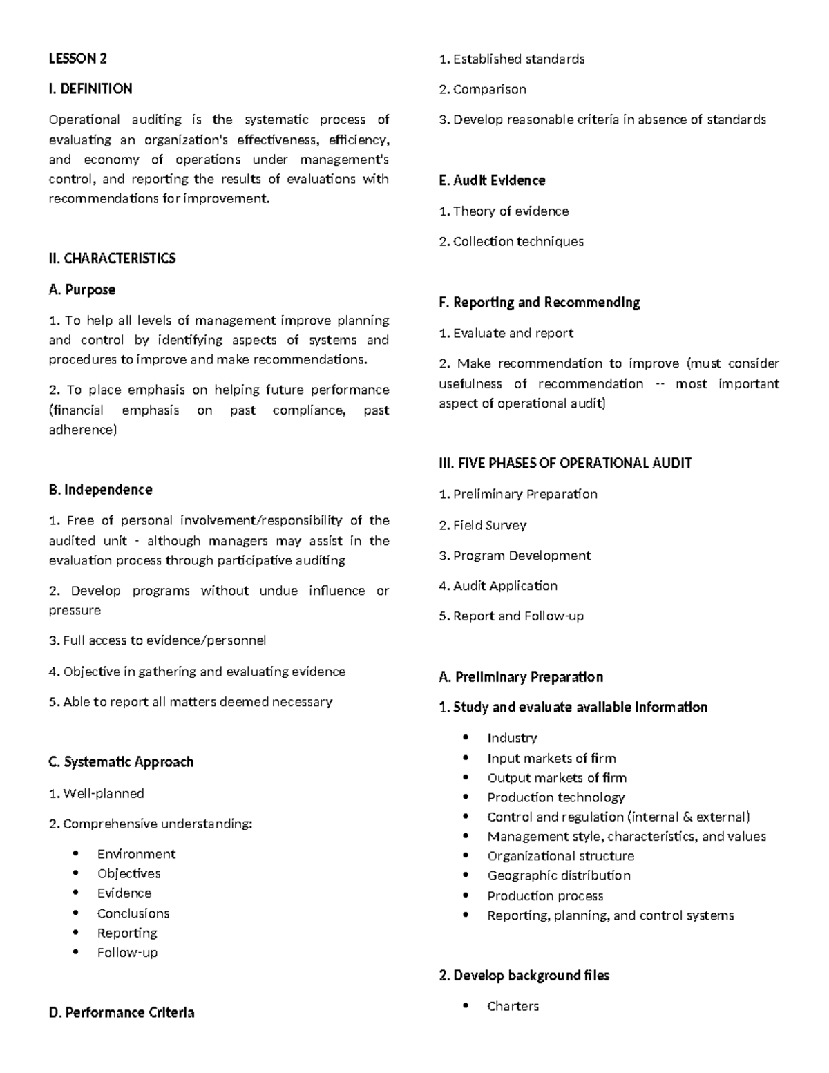 OA AND CIS FILE - LESSON 2 I. DEFINITION Operational auditing is the ...