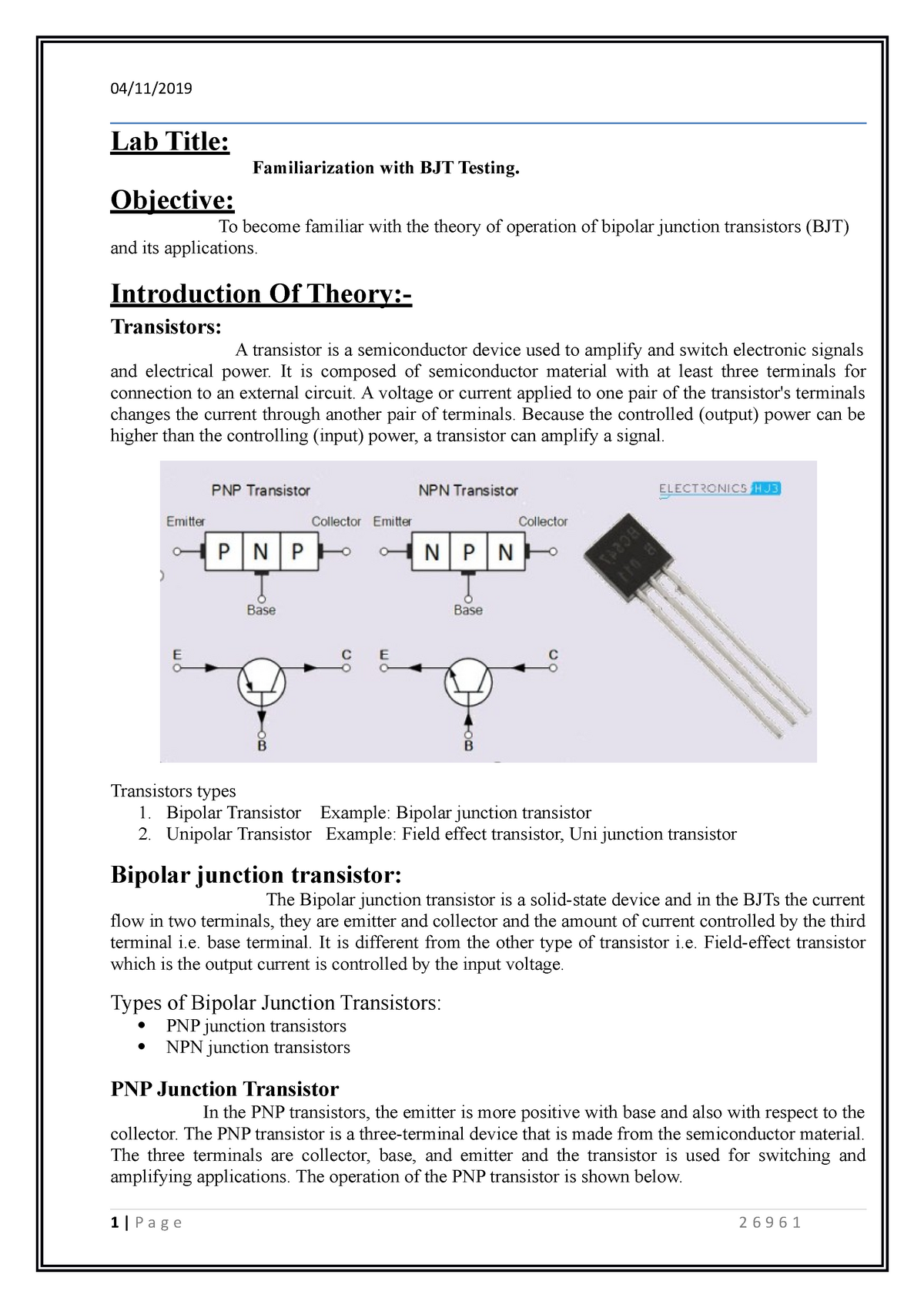 Lab # 008 - Best Lab Report - 04/11/ Lab Title: Familiarization With ...