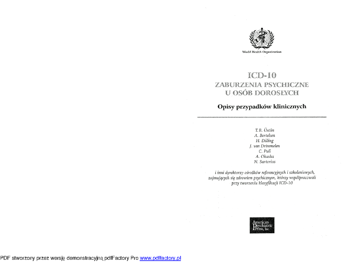 ICD-10 Zaburzenia psychiczne u osób dorosłych. Opis przypadków