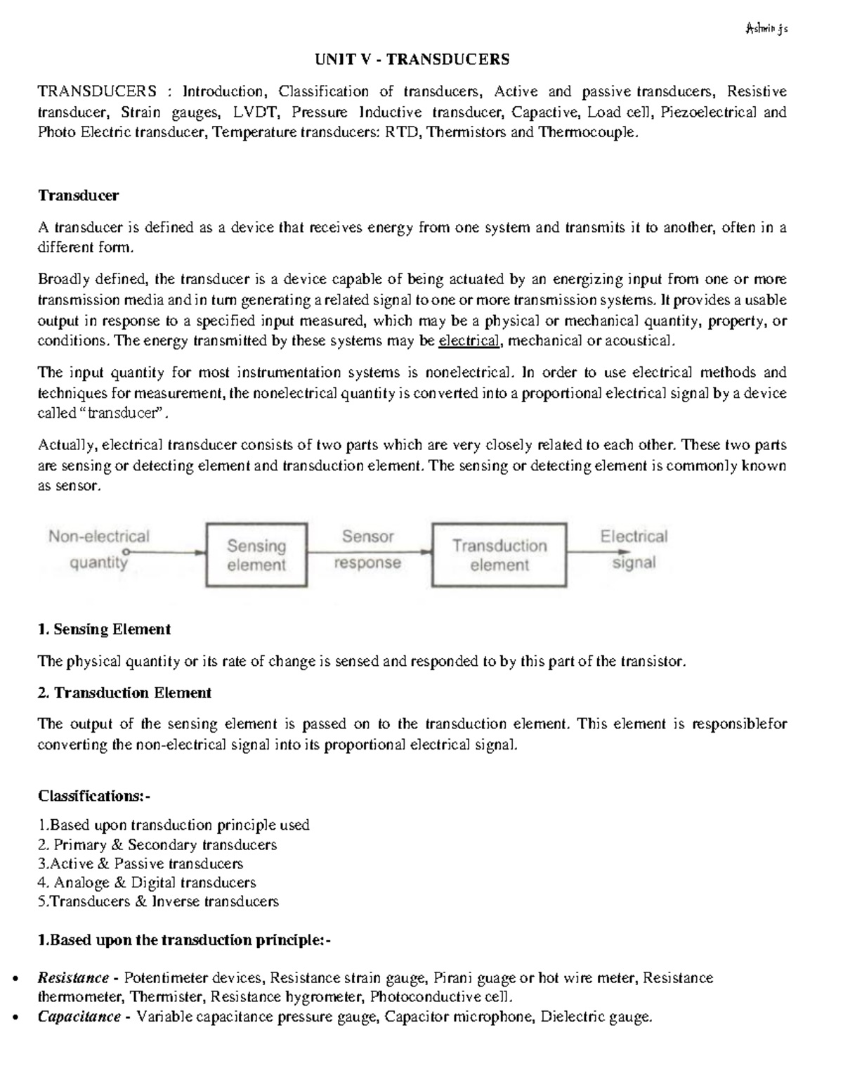 Transducer to convert signal - UNIT V - TRANSDUCERS TRANSDUCERS ...