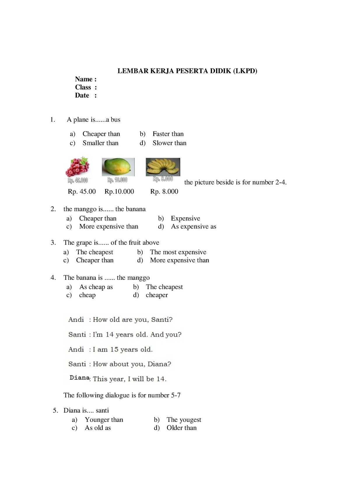 Lkpd Soal Ulangan Degree Of Comparison Lembar Kerja Peserta Didik Lkpd Name Class Date 0722