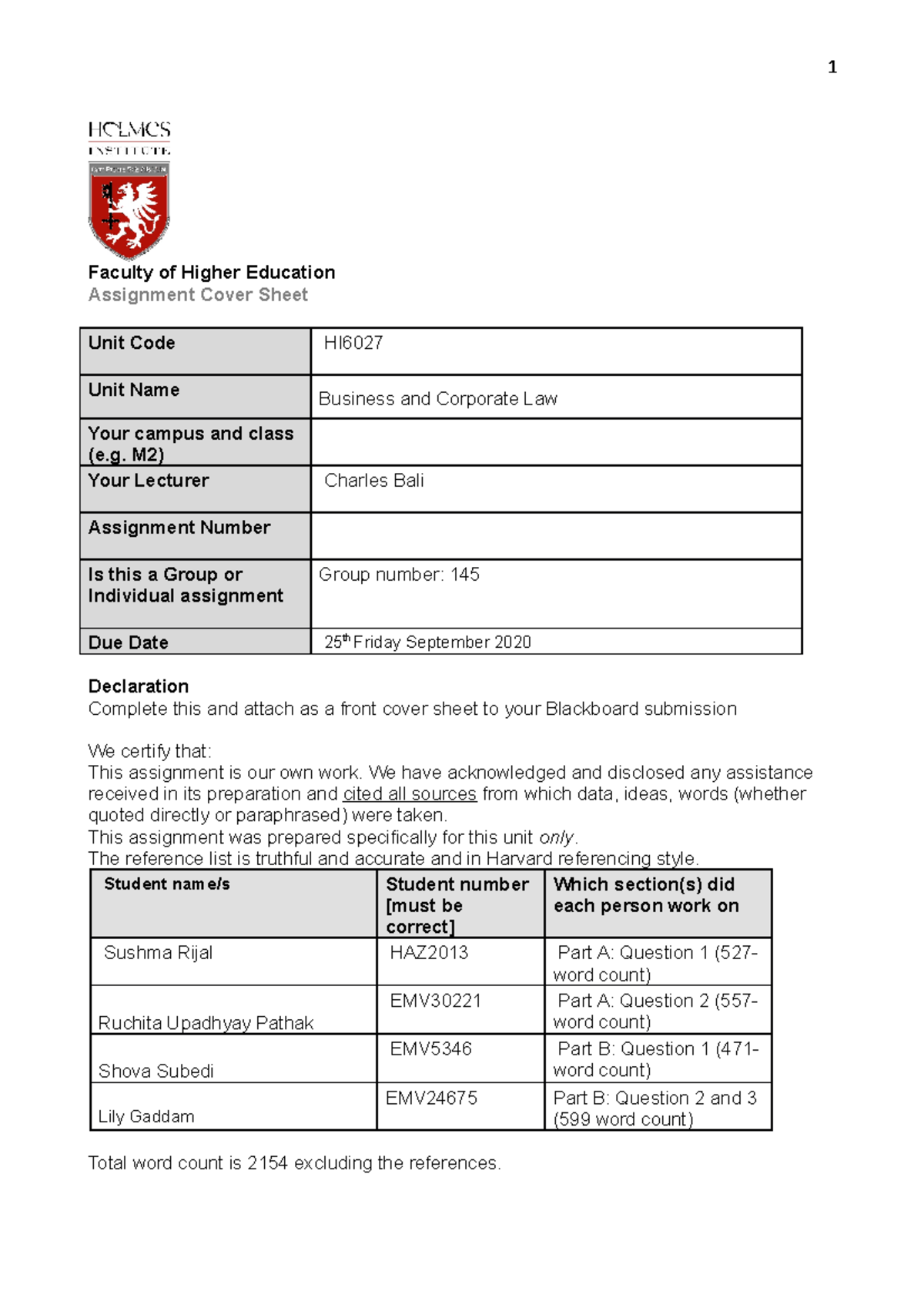 Business Law Assignment Group 145 - Faculty of Higher Education ...