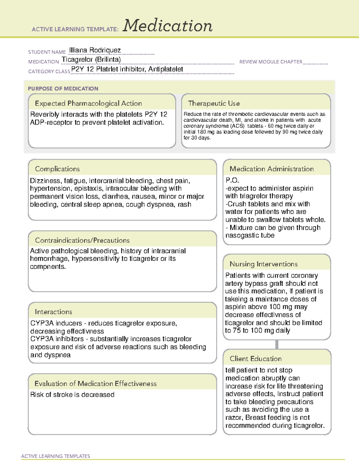 ATI medication card - ACTIVE LEARNING TEMPLATES Medication STUDENT NAME ...