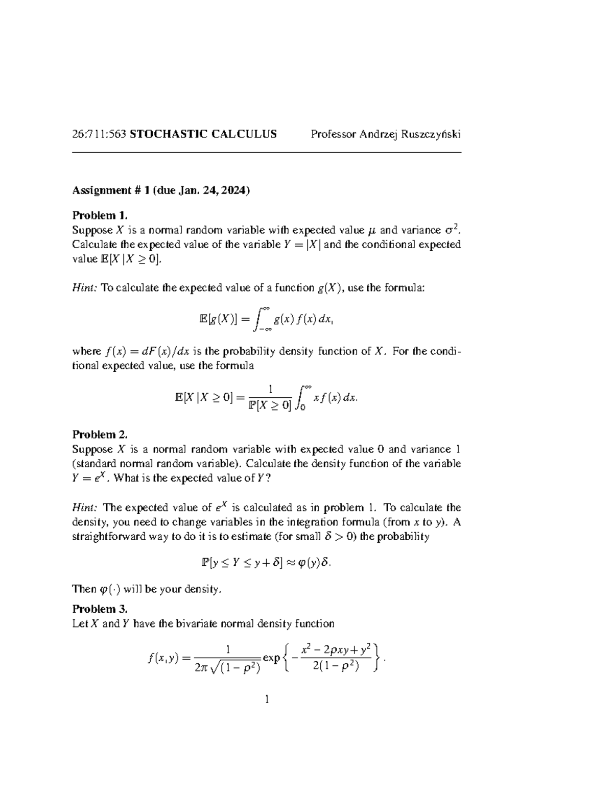 Assignment-1 - assgnment - 26:711:563 STOCHASTIC CALCULUS Professor ...