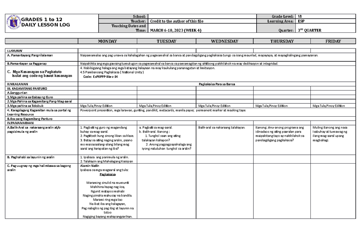 DLL ESP 6 Q3 W4 - FOR REFERENCE - GRADES 1 to 12 DAILY LESSON LOG ...