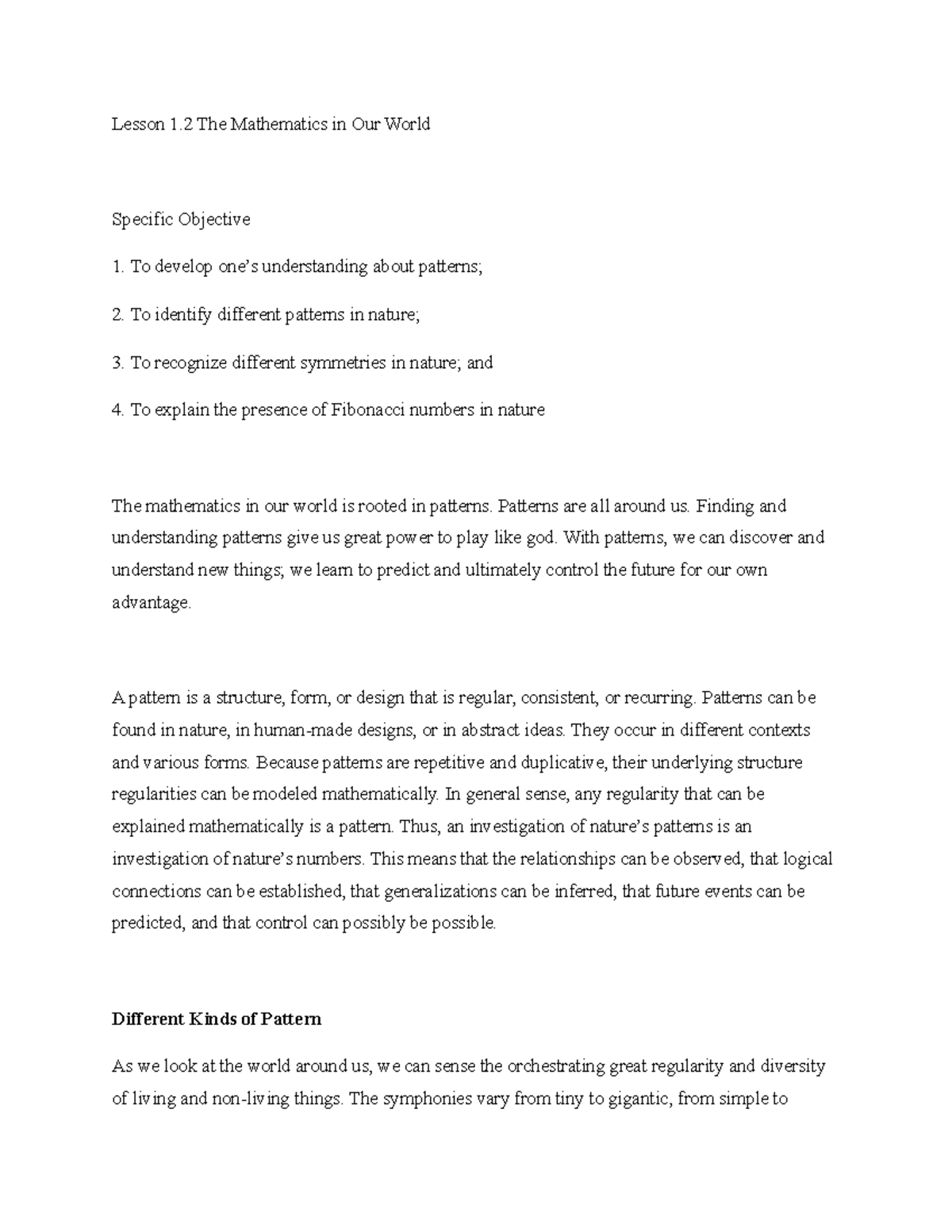 Lesson 1 - This notes is about the patterns in nature in connection ...