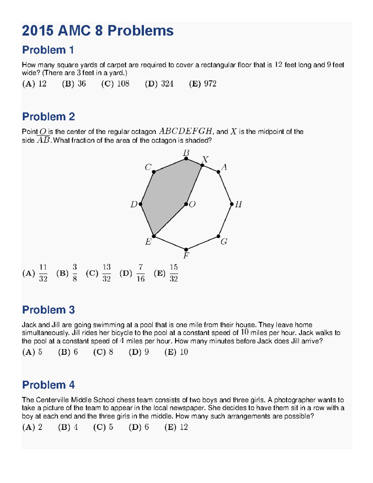 2016 AMC8 Practice Problems 2015 AMC 8 Problems Problem 1 How many square yards of carpet are