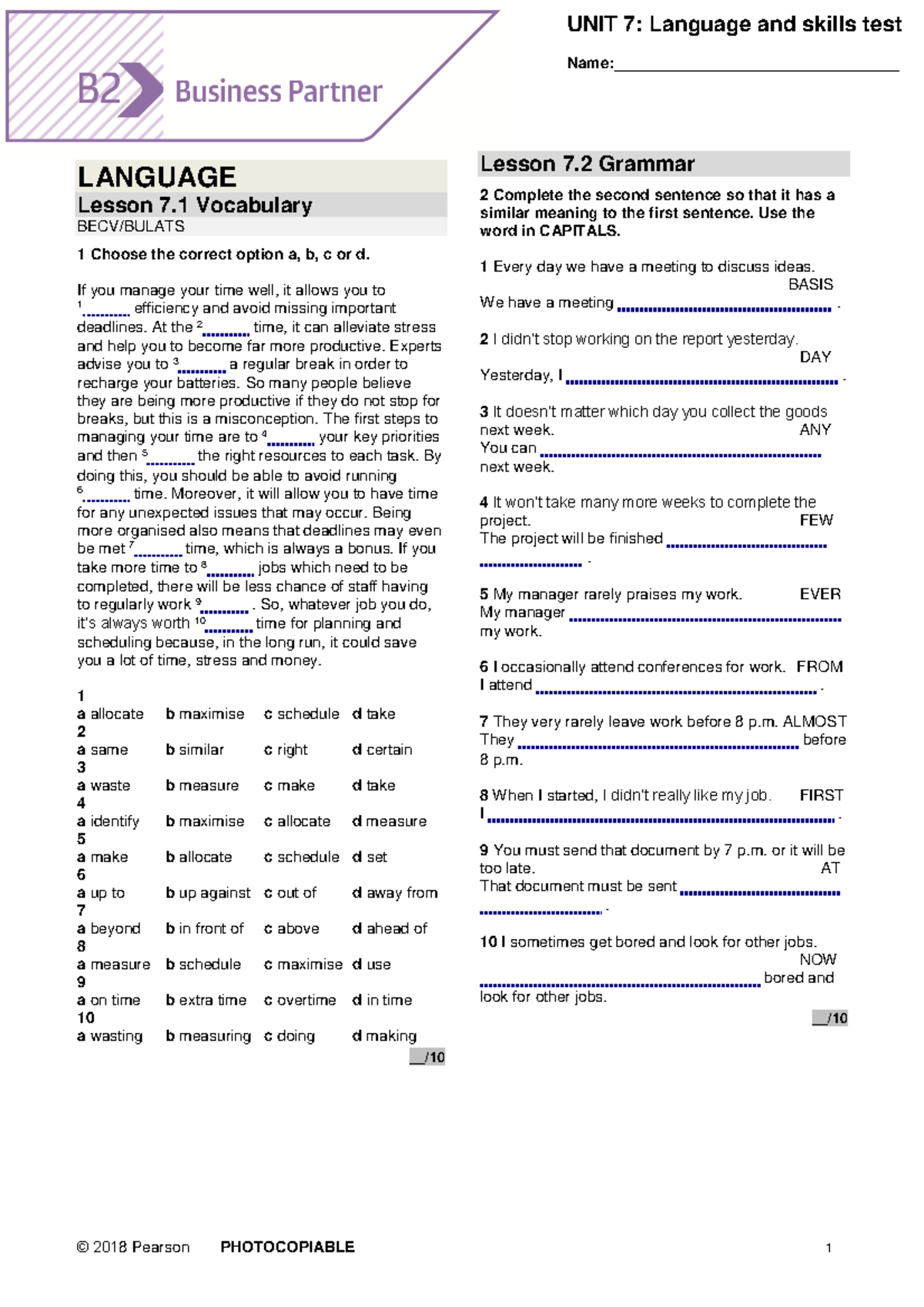 BP B2 Tests Unit7 - Name:_________________________________ LANGUAGE ...