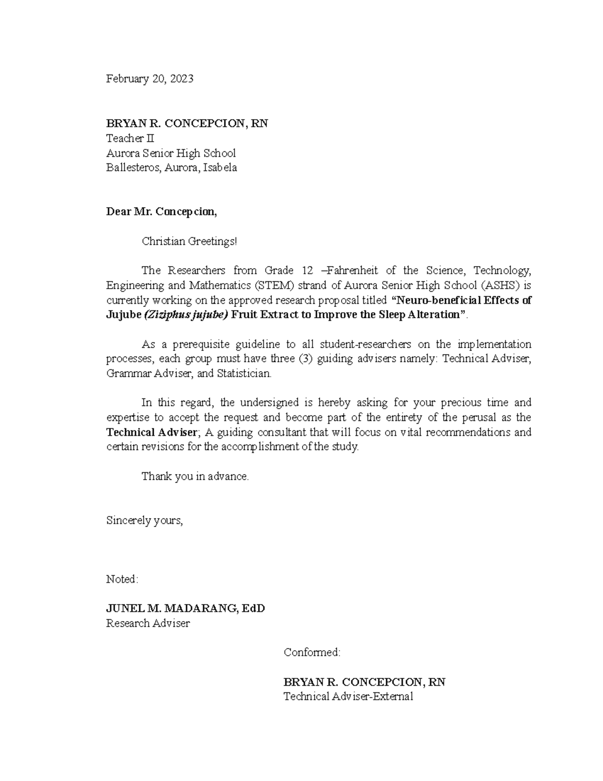 Letter - Form. - February 20, 2023 BRYAN R. CONCEPCION, RN Teacher II ...