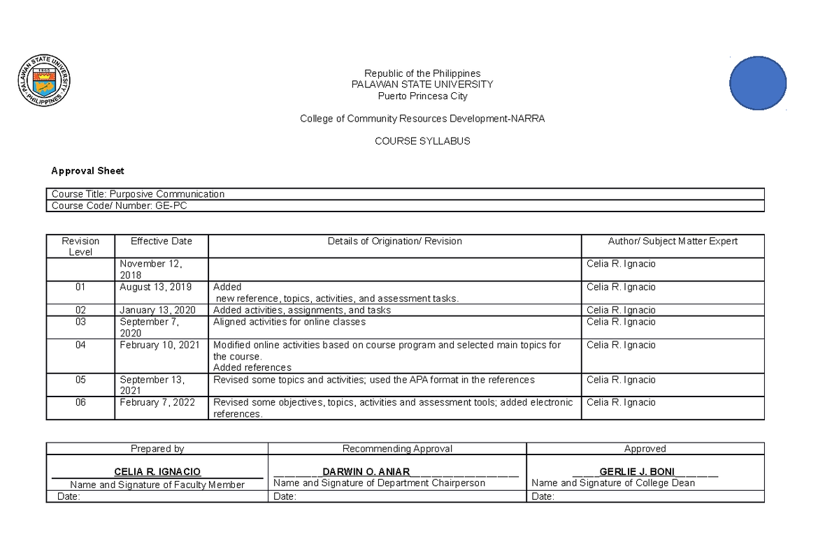 GE PC Syllabus BSBA 21 22 - Republic of the Philippines PALAWAN STATE ...